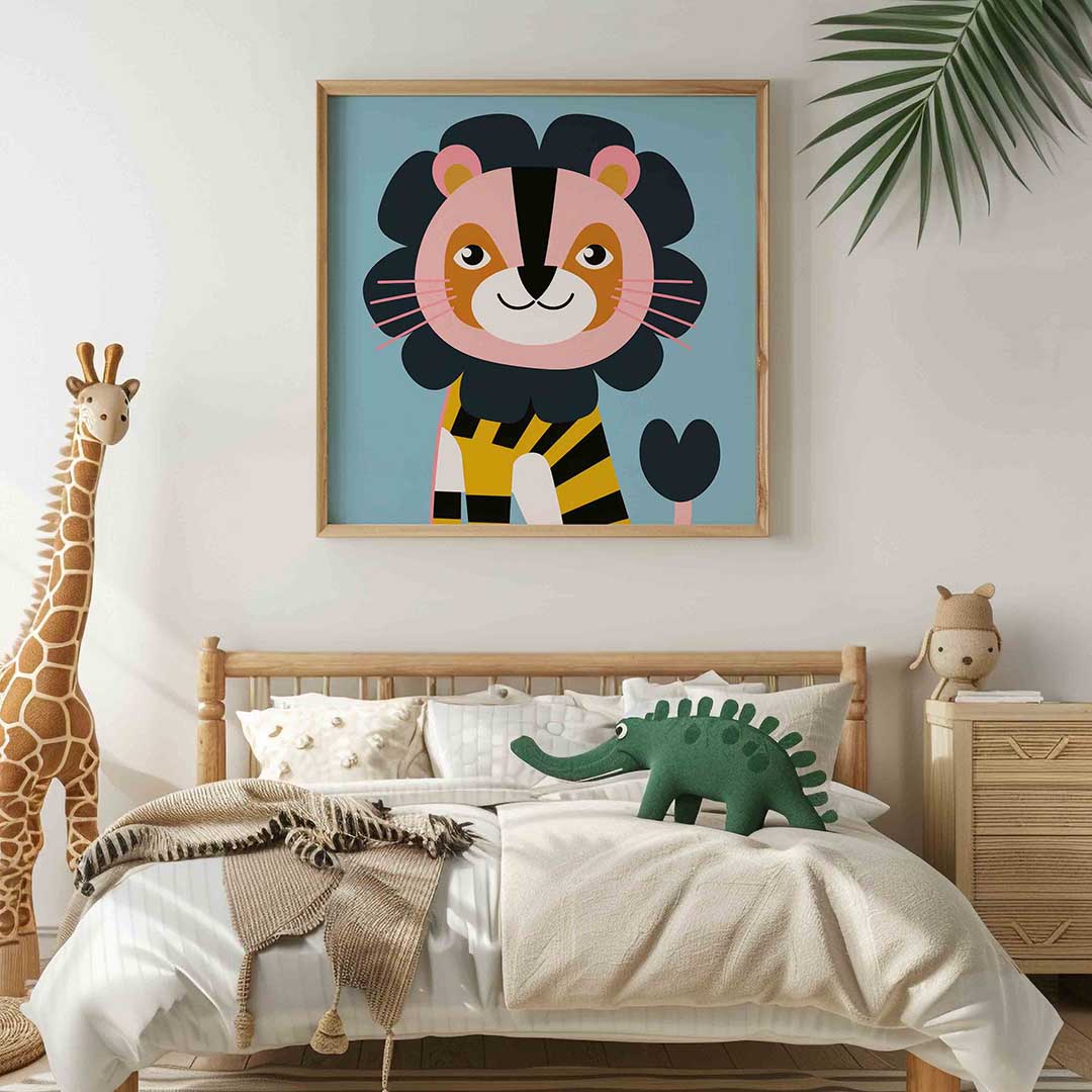 Leeuw op blauwe achtergrond – vierkante kinderkamer wanddecoratie van WallArtistic