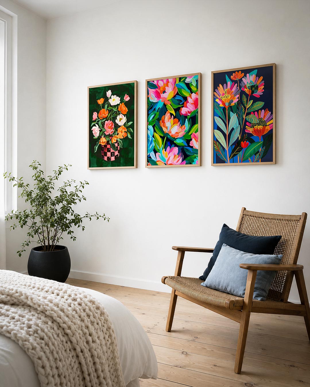 Bloemrijke vormen posterset – derde productweergave – een levendige bloemencompositie met roze en oranje bloemen