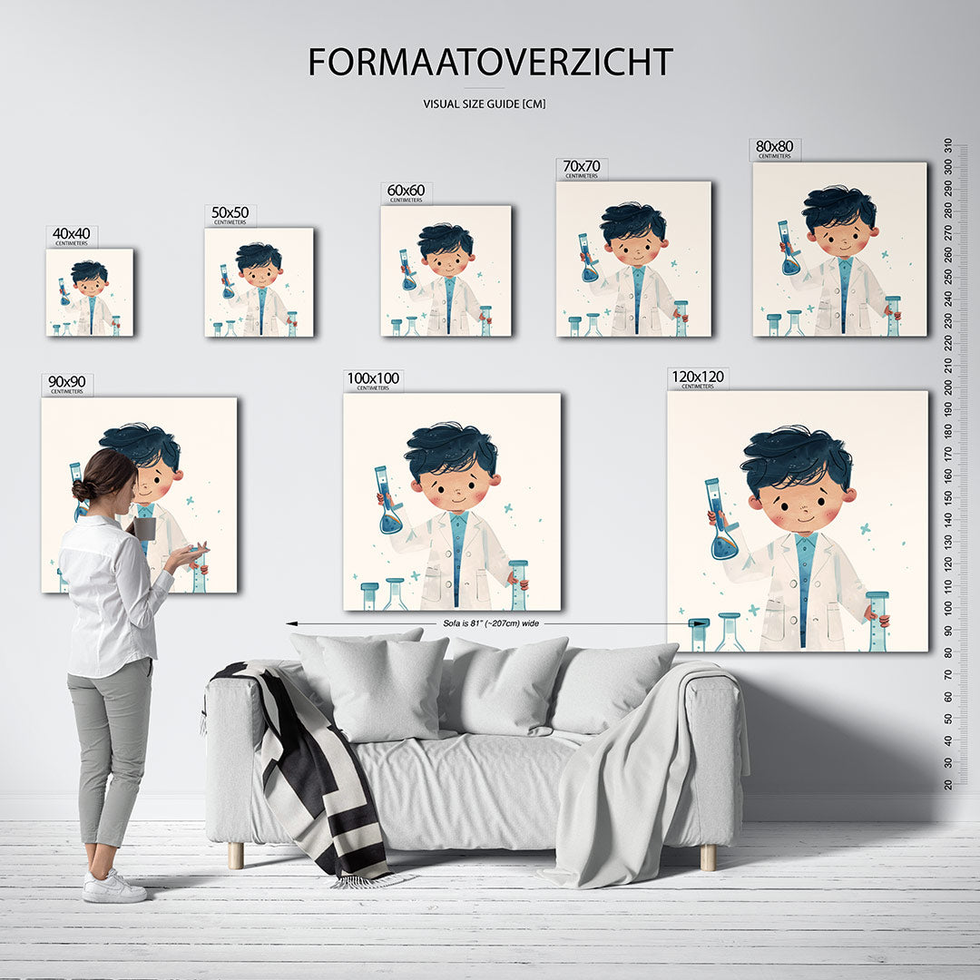 Speelse illustratie kunstwerk – sfeerbeeld – een vrolijke illustratie van een kind in een witte jas met blauwe details
