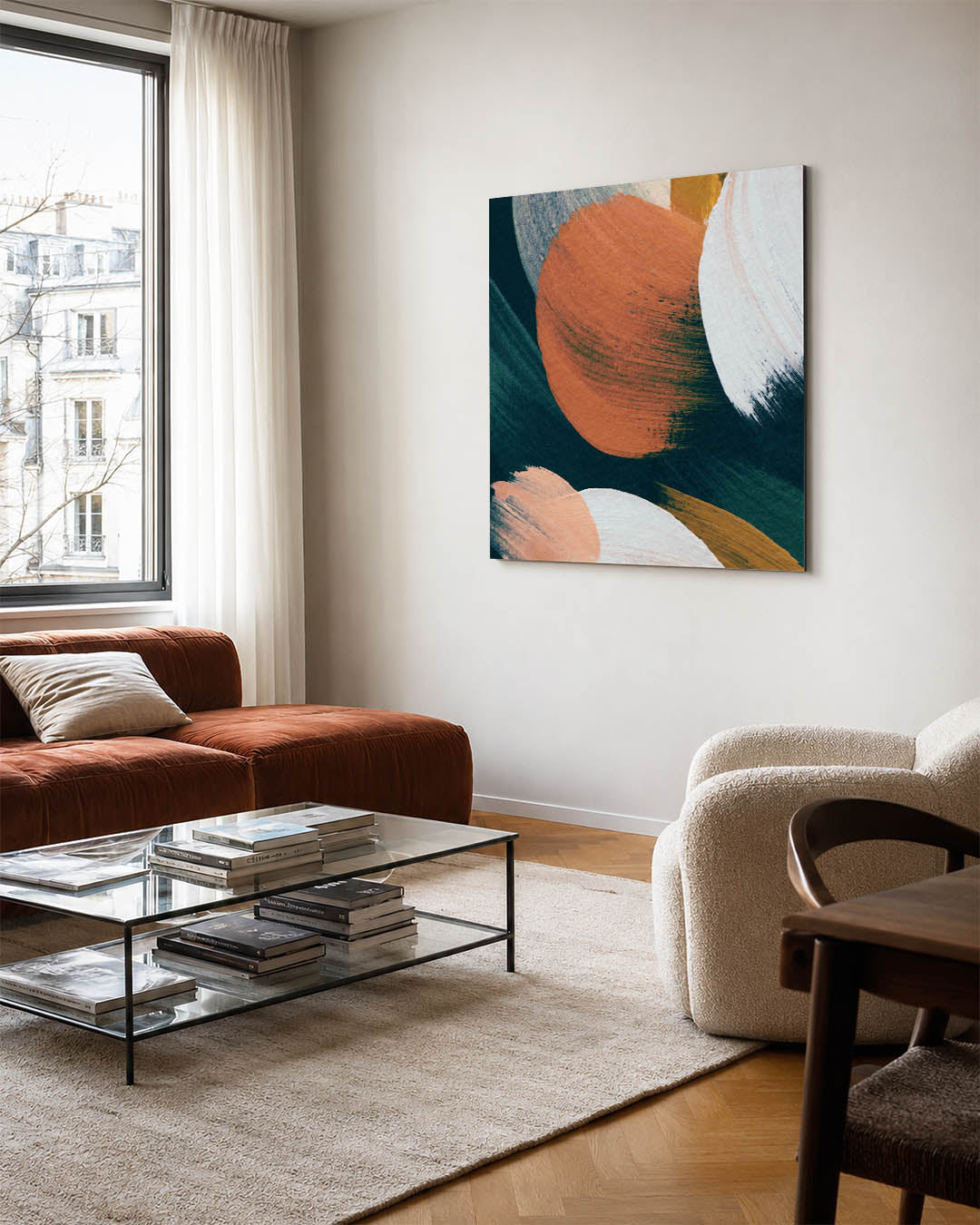 Dynamische kleurvlakken kunstwerk – vierkante wanddecoratie – dit kunstwerk toont grote, overlappende kleurvlakken in blauw
