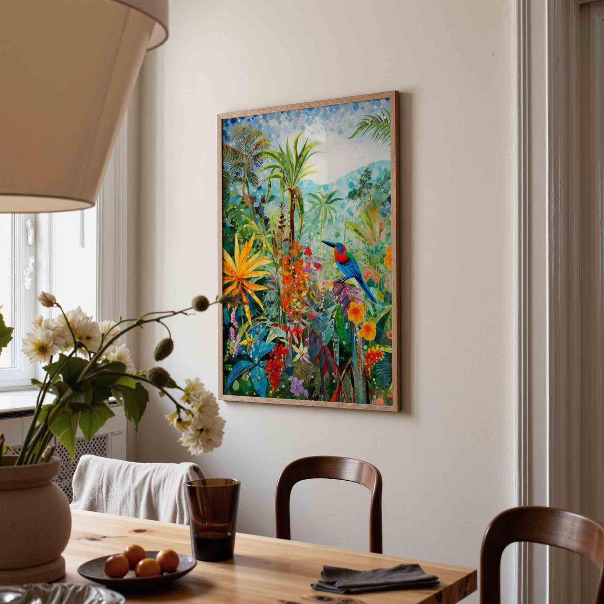 Vogel in tropisch landschap – kunst en design poster in portret formaat