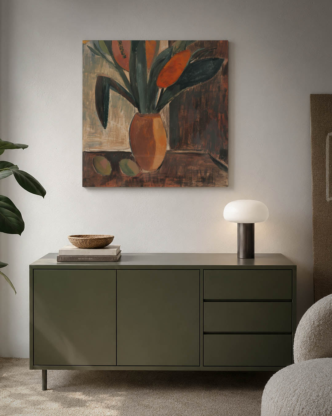 Kleurrijk bloemstilleven kunstwerk – detailweergave – dit kunstwerk toont een vaas met bloemen in warme tinten. De compositie