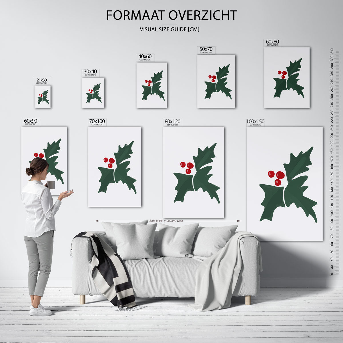 Hulstbladeren en bessen – staande muurposter voor kerst