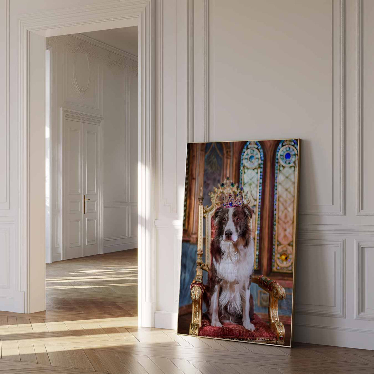 Koninklijke Hondenthron – dierenposter als moderne staande wanddecoratie