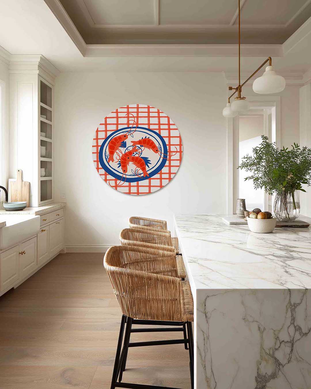 Garnalen op bord – Pop Art muurcirkel als ronde wanddecoratie