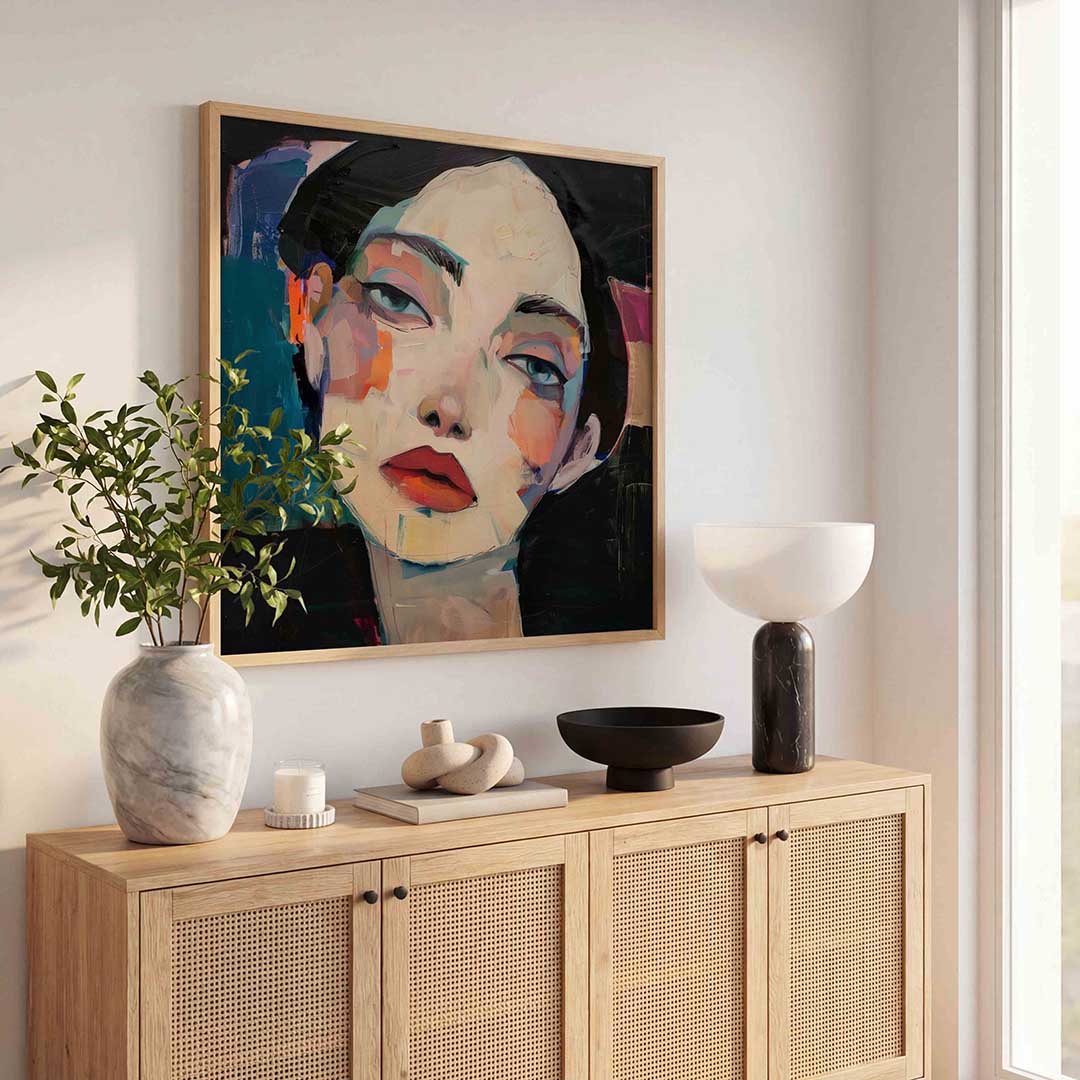 Portret met kleurrijke accenten – kunst en design poster in vierkant formaat