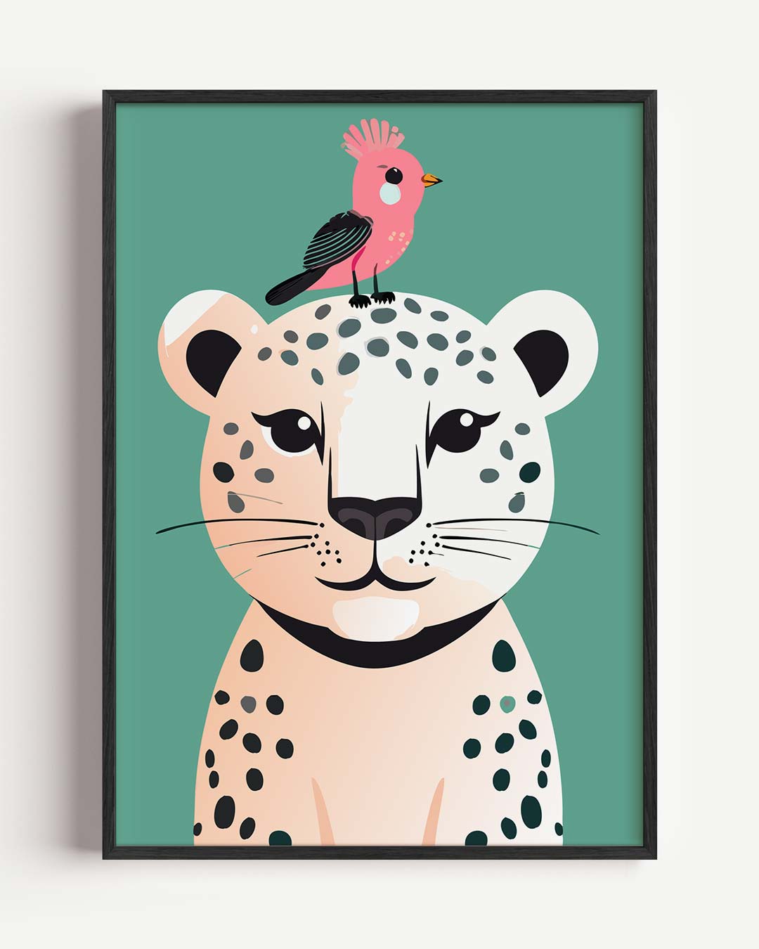 Vrolijke Luipaard en Vogel – kids portret poster als wanddecoratie