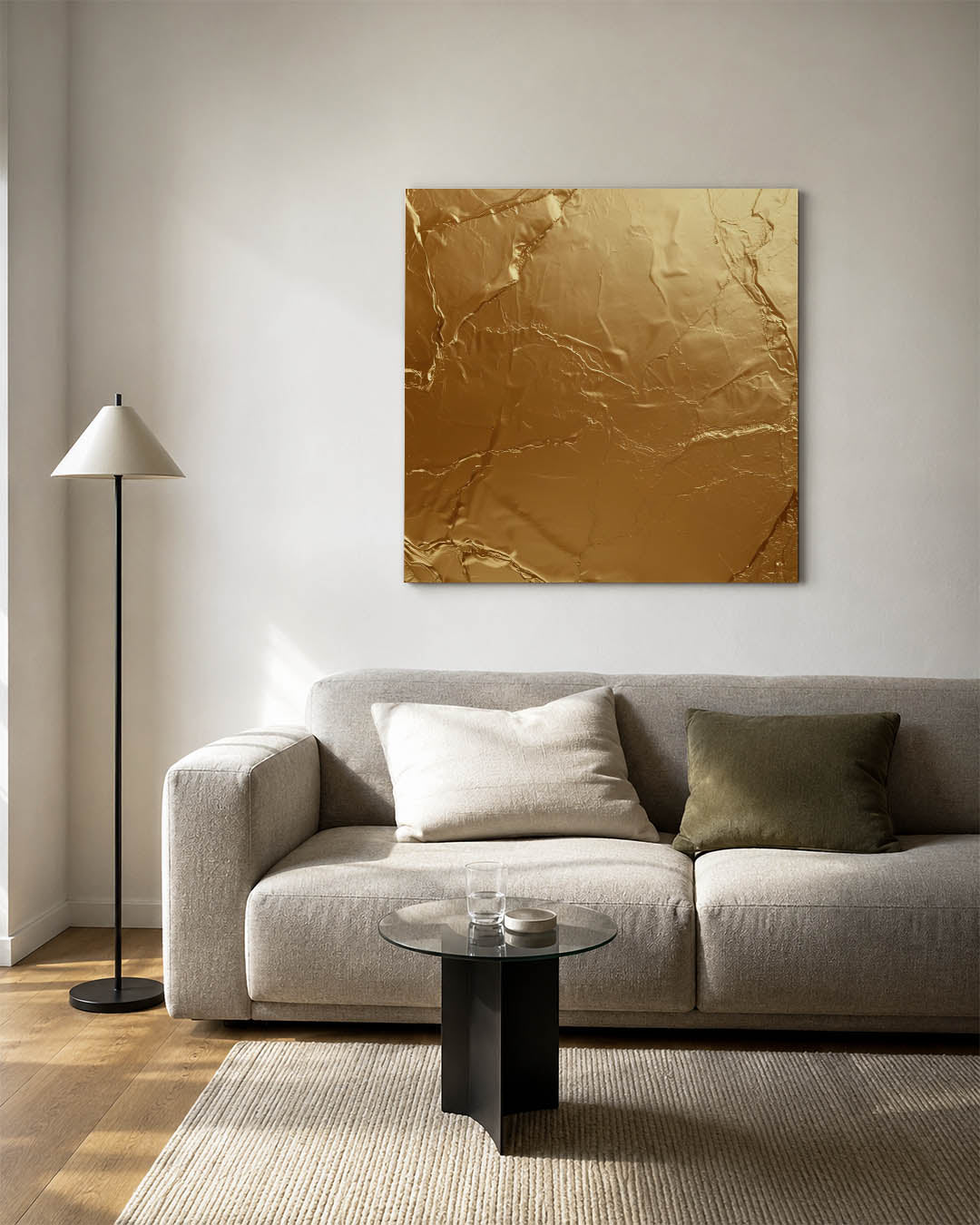 Gouden textuur kunstwerk – vierkante wanddecoratie – dit werk toont een glanzende gouden oppervlakte met subtiele lijnen en