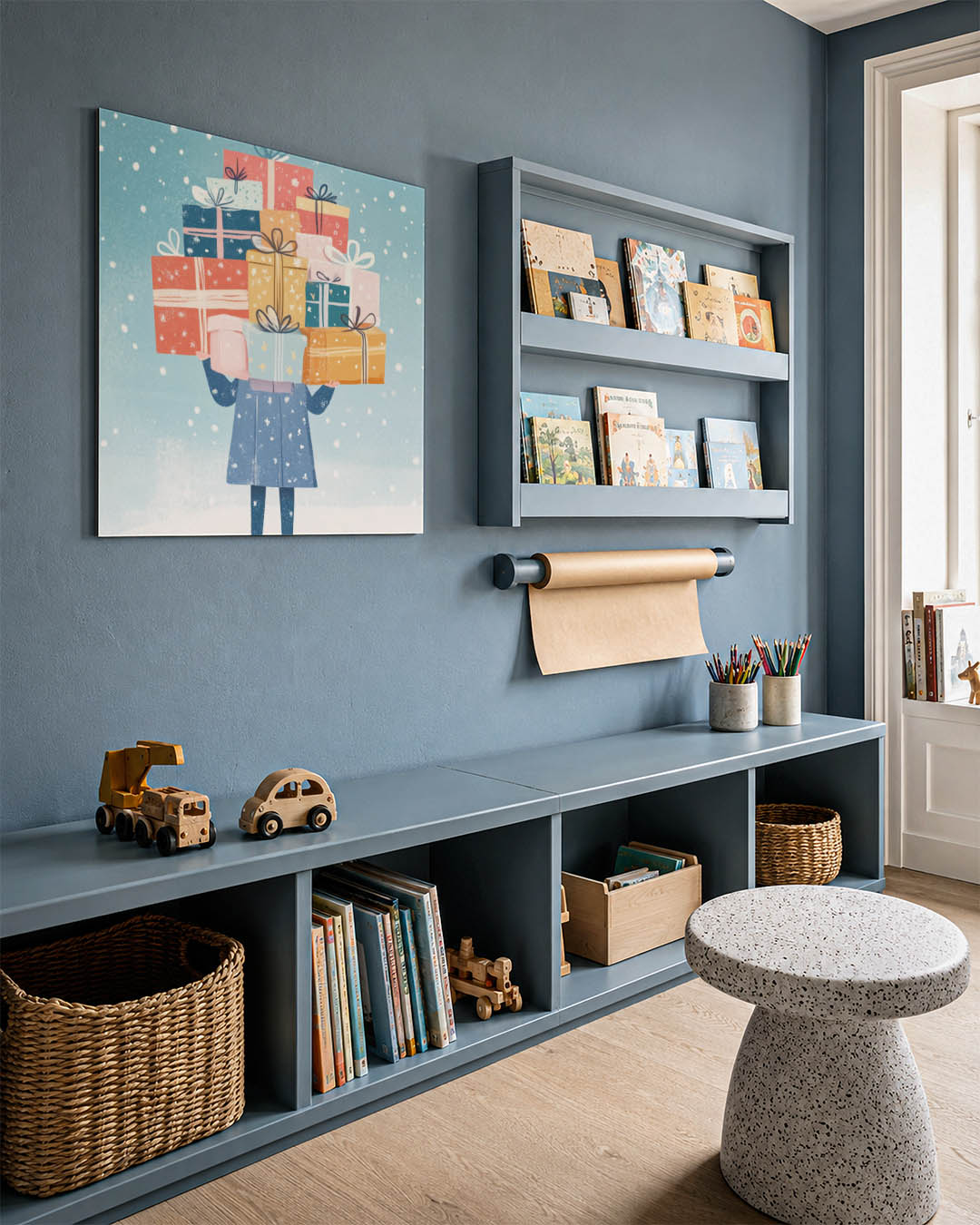 Speelse cadeau illustratie kunstwerk – detailweergave – dit werk toont een figuur met een stapel kleurrijke cadeaus tegen een