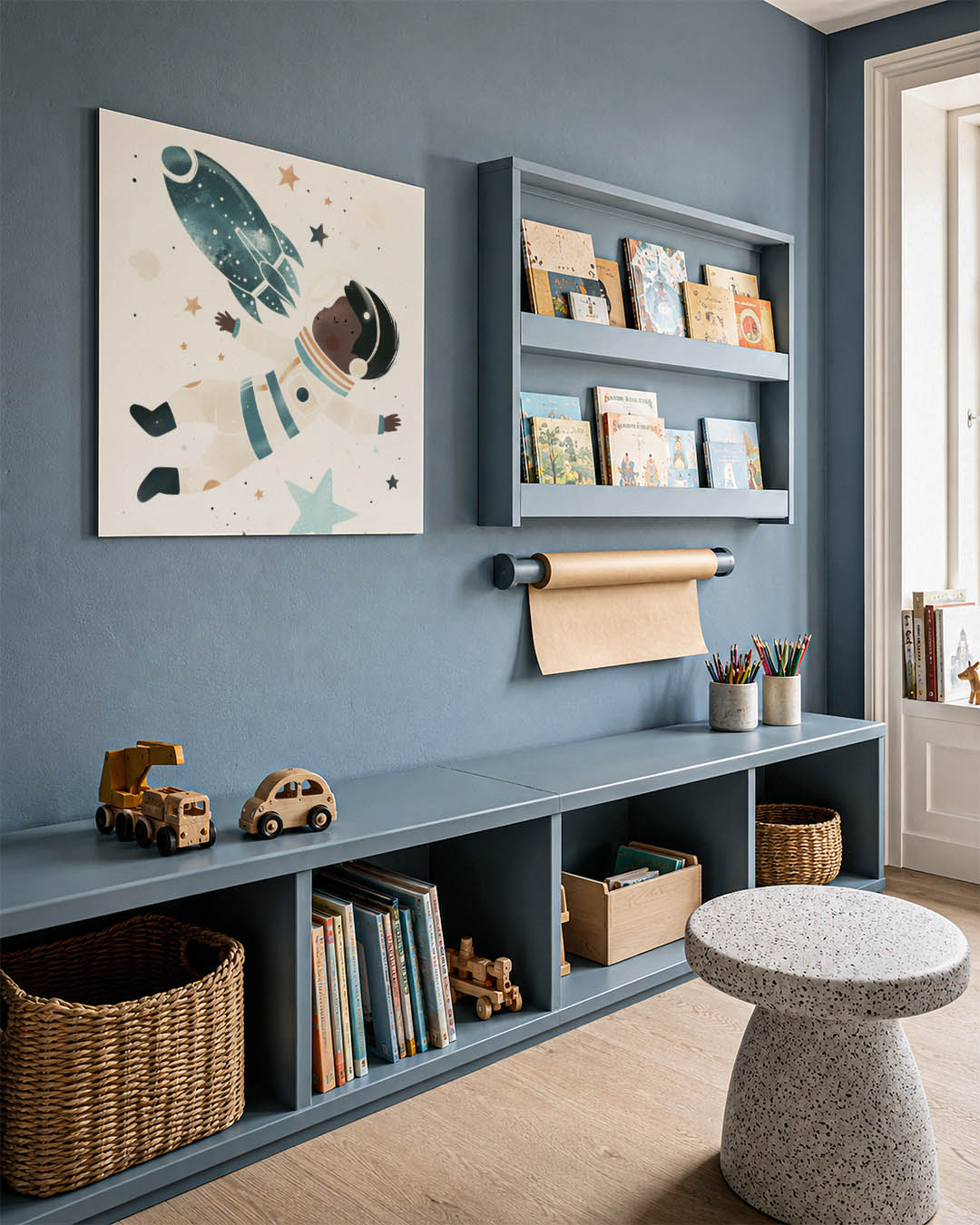 Dromerige ruimtevaart kunstwerk – detailweergave – een kind in een ruimtepak zweeft tussen sterren en een raket. De zachte
