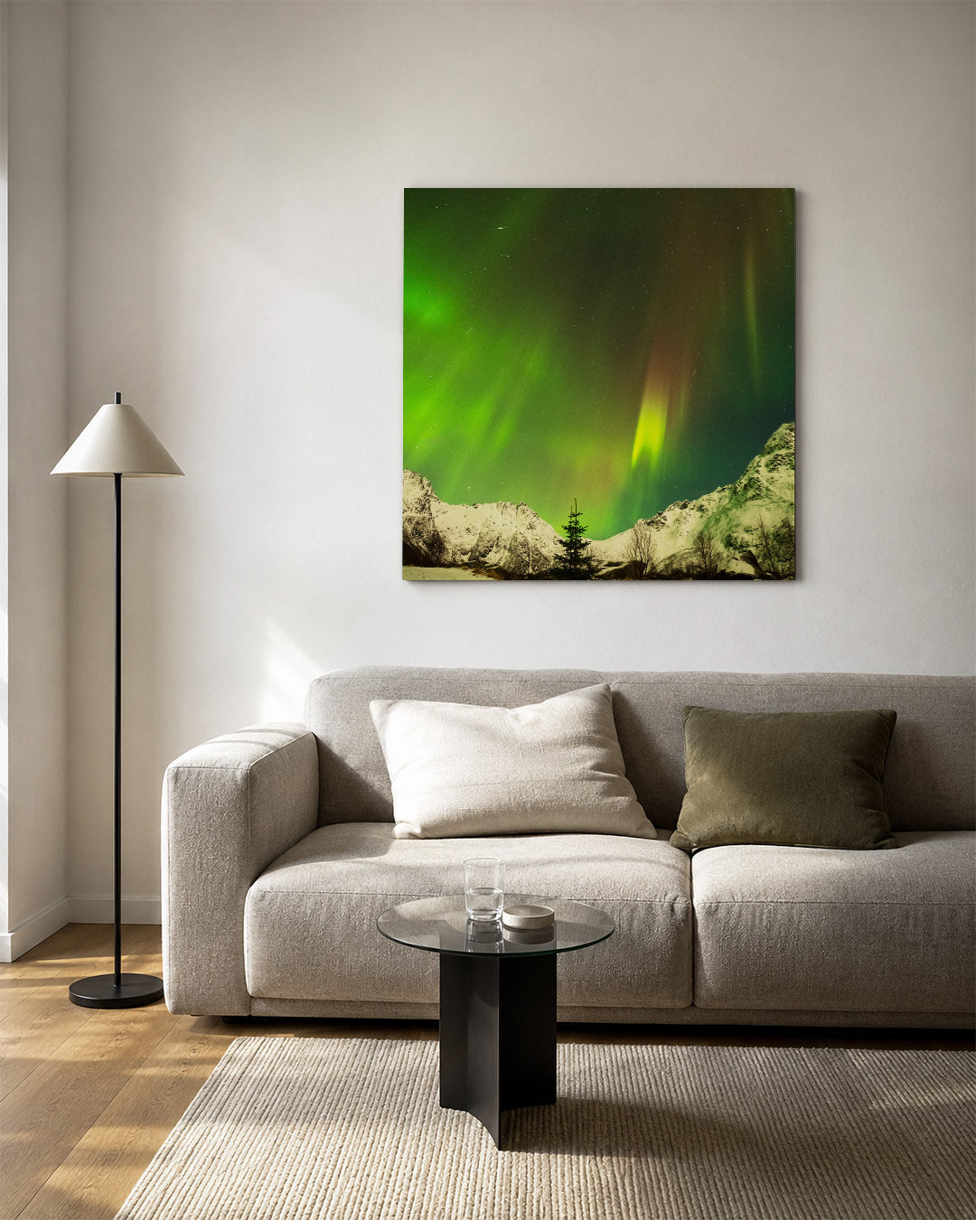 Landschap kunstwerk – vierkante wanddecoratie – deze kunstwerk toont een adembenemend landschap met licht dat de hemel