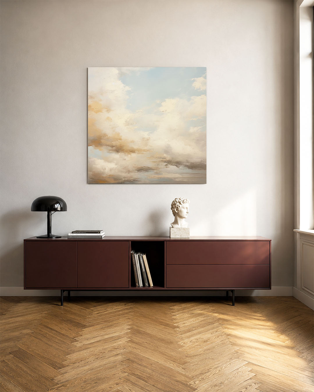 Dromerige wolkenlucht kunstwerk – tweede productweergave – dit werk toont een serene lucht met zachte wolken in beige en
