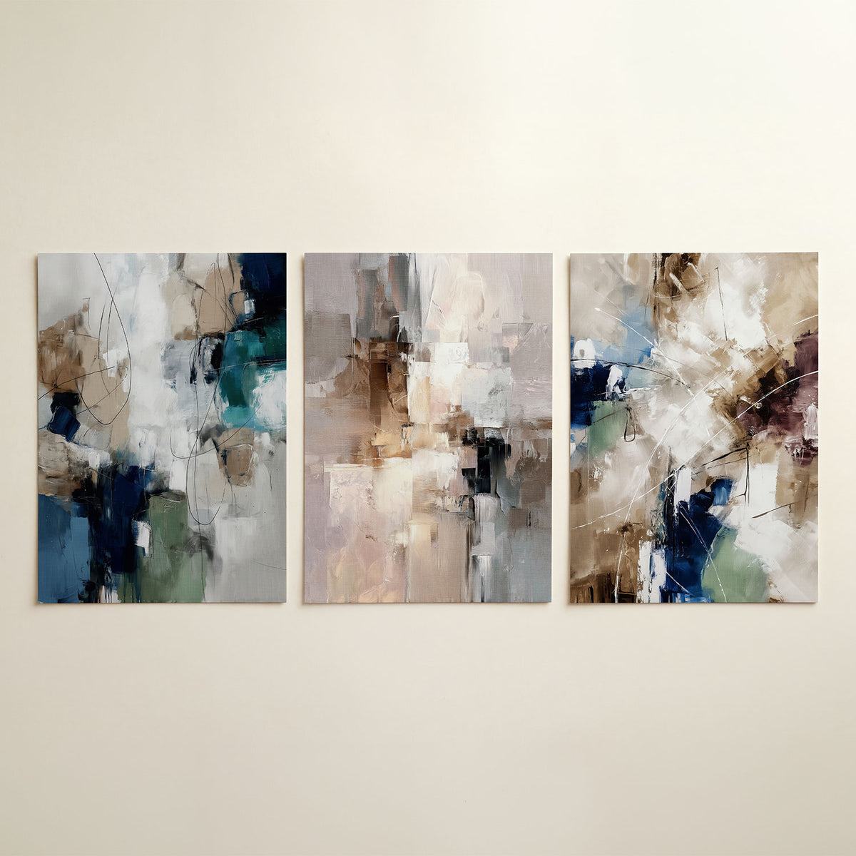 Vorm en kleurenspel driedelige posterset in tweede interieur
