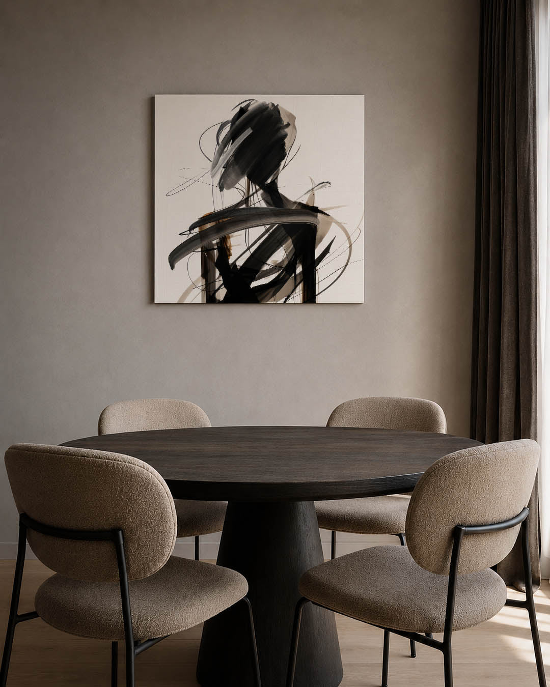 Dynamische lijnenfiguur kunstwerk – tweede productweergave – dit werk toont vloeiende zwarte en beige lijnen die een silhouet