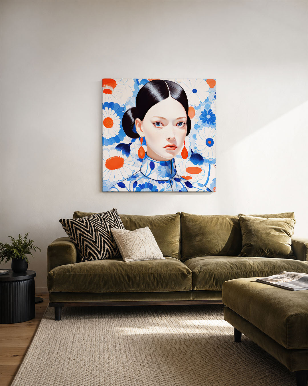 Vrouwelijk portret bloemen kunstwerk – derde productweergave – dit kunstwerk toont een vrouwelijk portret met een achtergrond