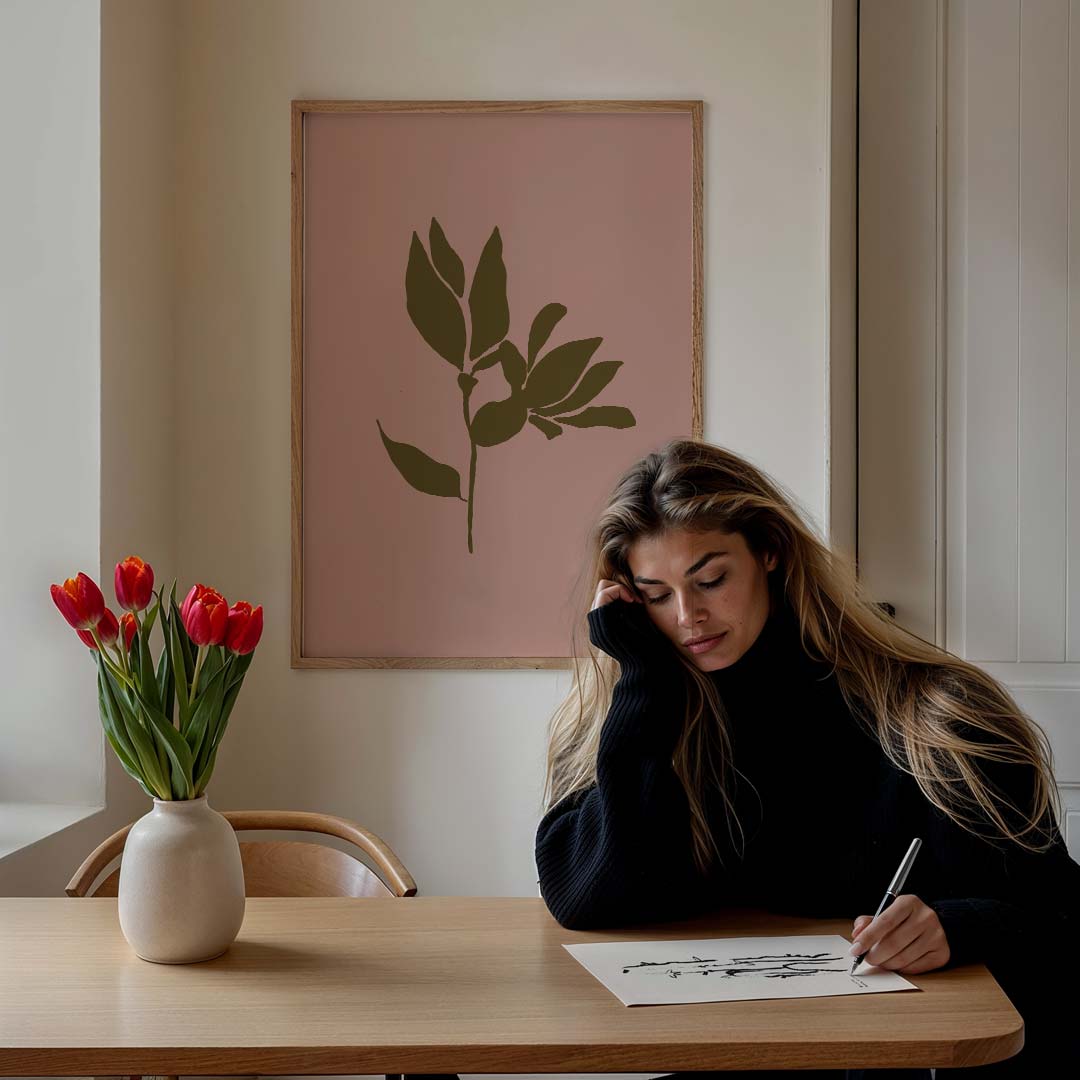 Botanische Bladkunst op Roze – bloemen poster in staand formaat