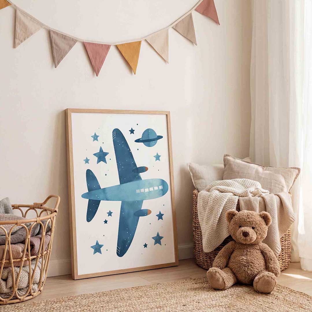 Vliegtuig en sterren – speelse wandkunst als portret kinderposter