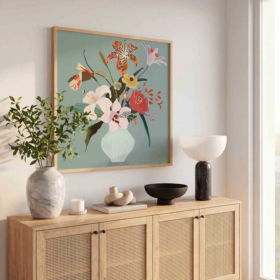 Bloemen in vaas – kleurrijke poster in vierkant formaat