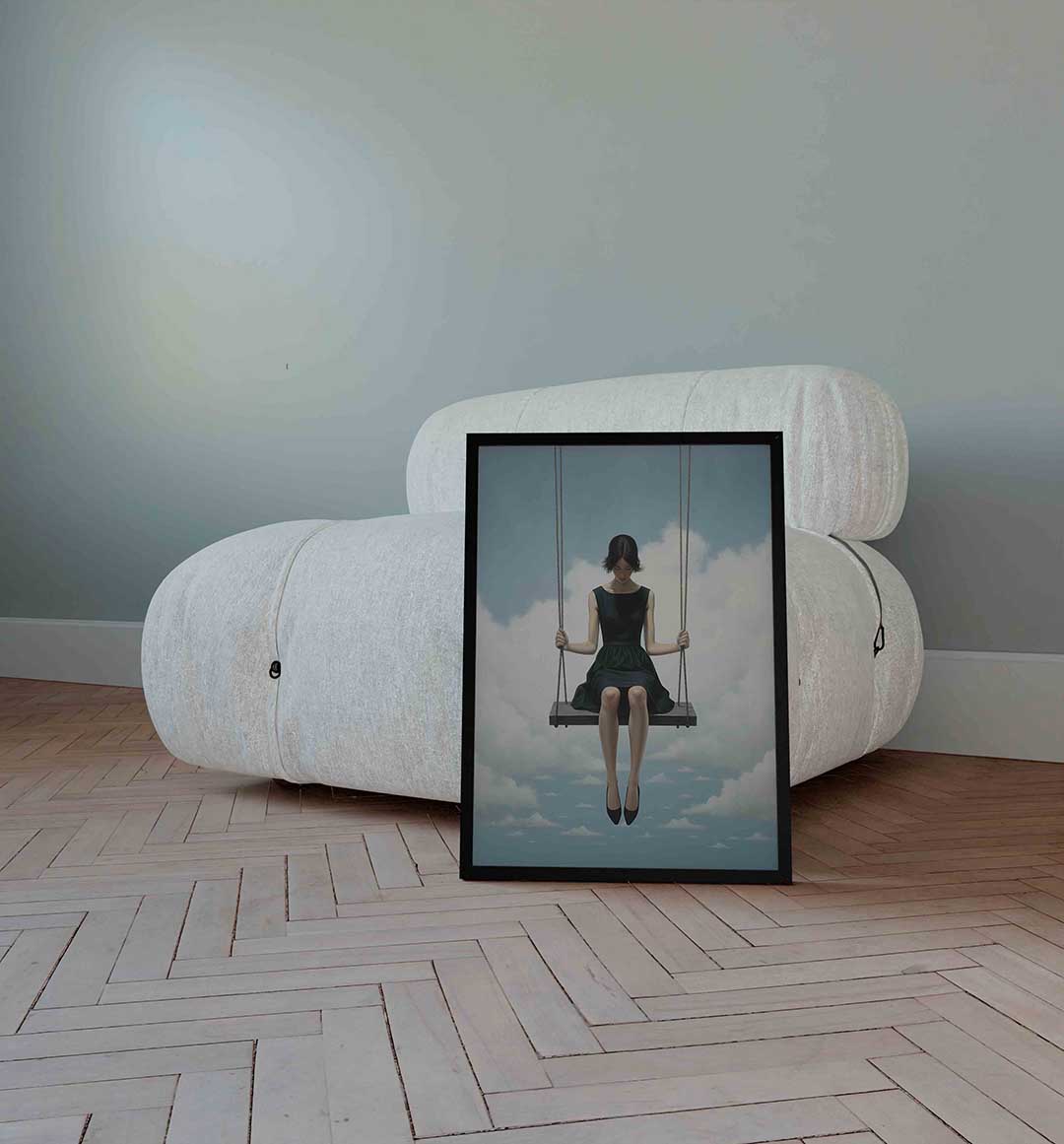 Vrouw op schommel – surrealistische wandkunst als portret poster