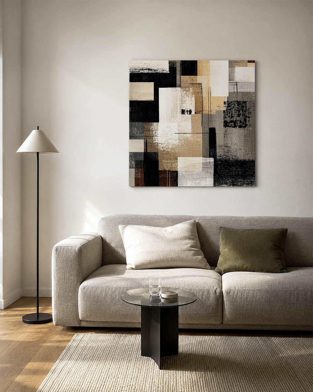 Geometrische compositie kunstwerk – vierkante wanddecoratie – dit werk toont een dynamische mix van rechthoeken en lijnen in