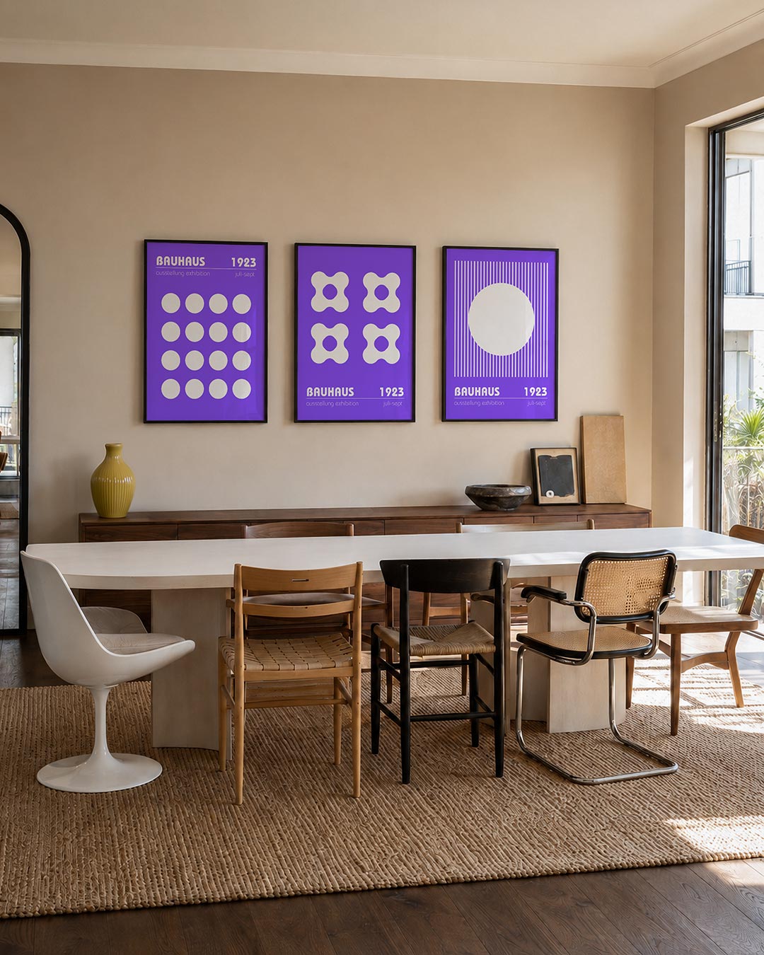 Cirkelritme paars driedelige posterset – deze posterset in drie delen toont een speelse ordening van