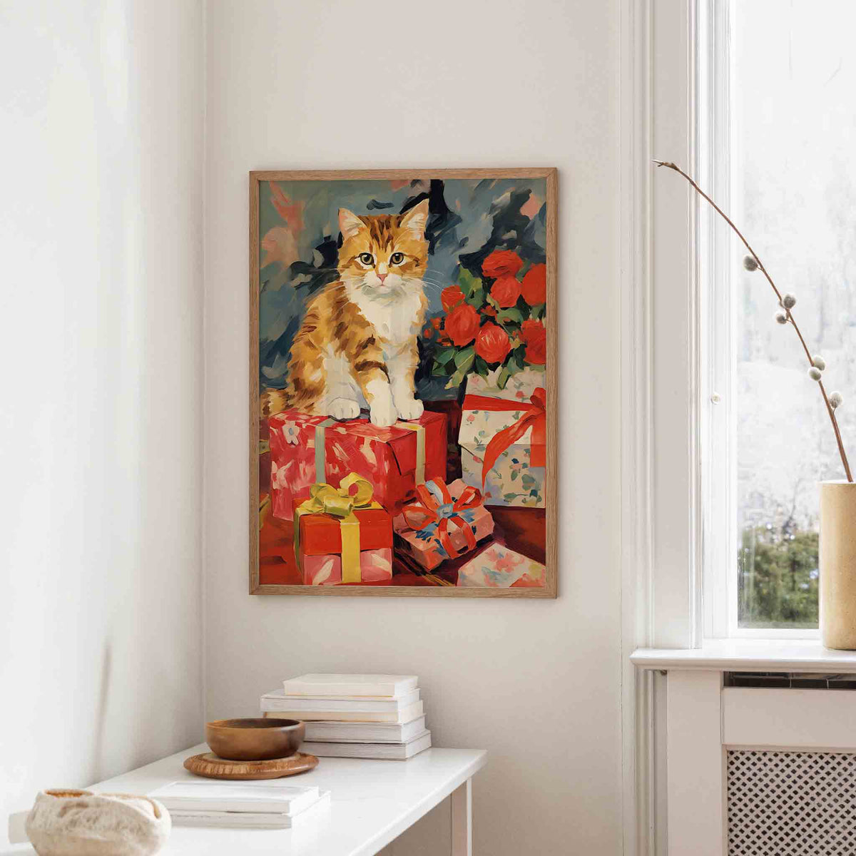 Kat met cadeaus – staande kerst wanddecoratie van WallArtistic