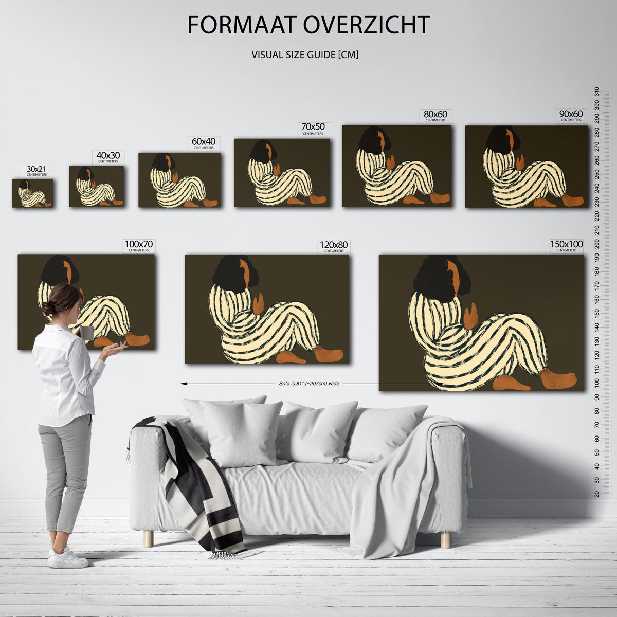 Zittende figuur met strepen – liggende muurposter met vrouwelijk portret