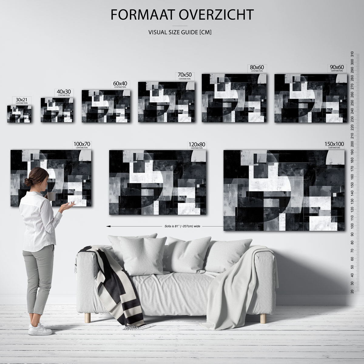Abstracte zwart wit geometrische – liggende muurposter met abstracte vormen
