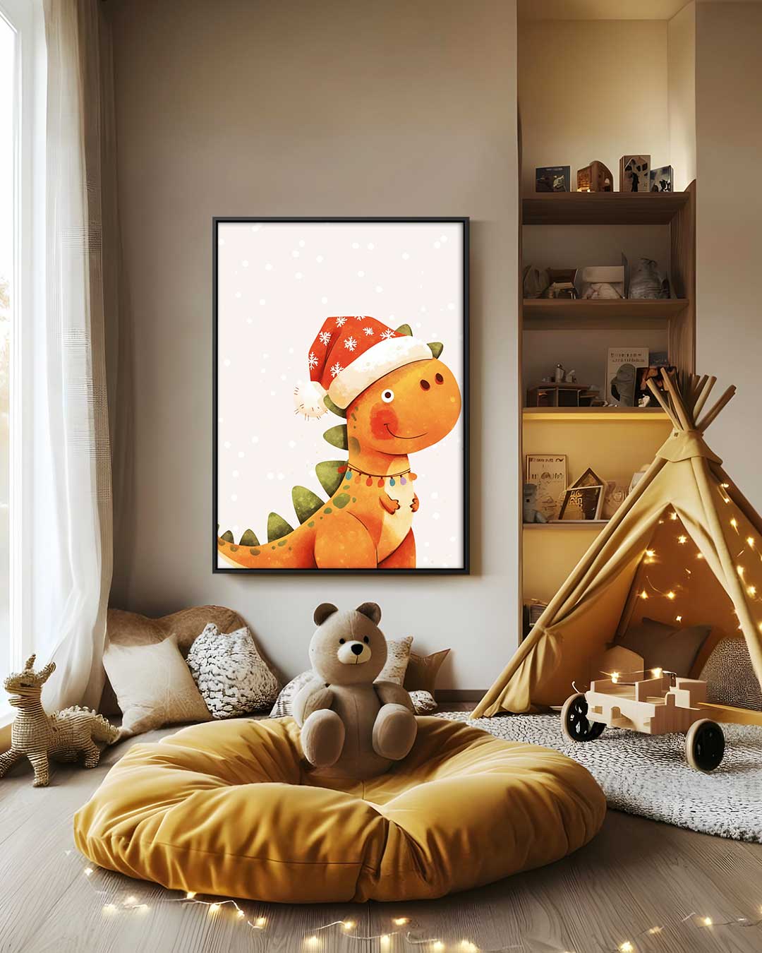 Kerstdino Vrolijkheid – staand kunstwerk voor modern interieur