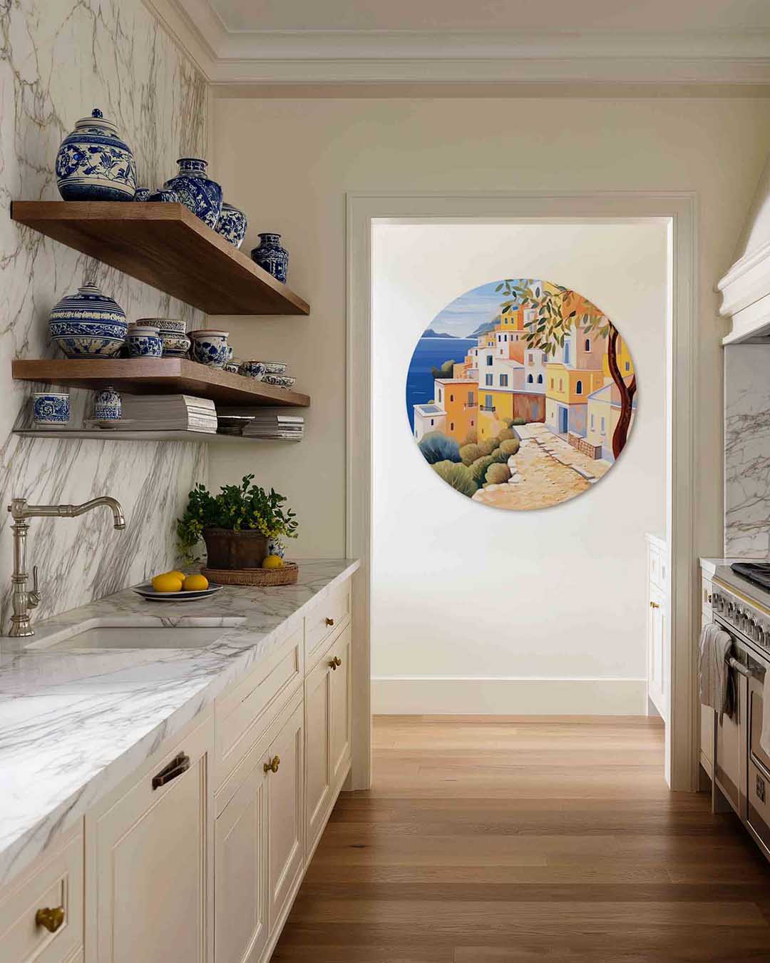 Mediterrane huizen – moderne abstracte muurcirkel voor aan de muur