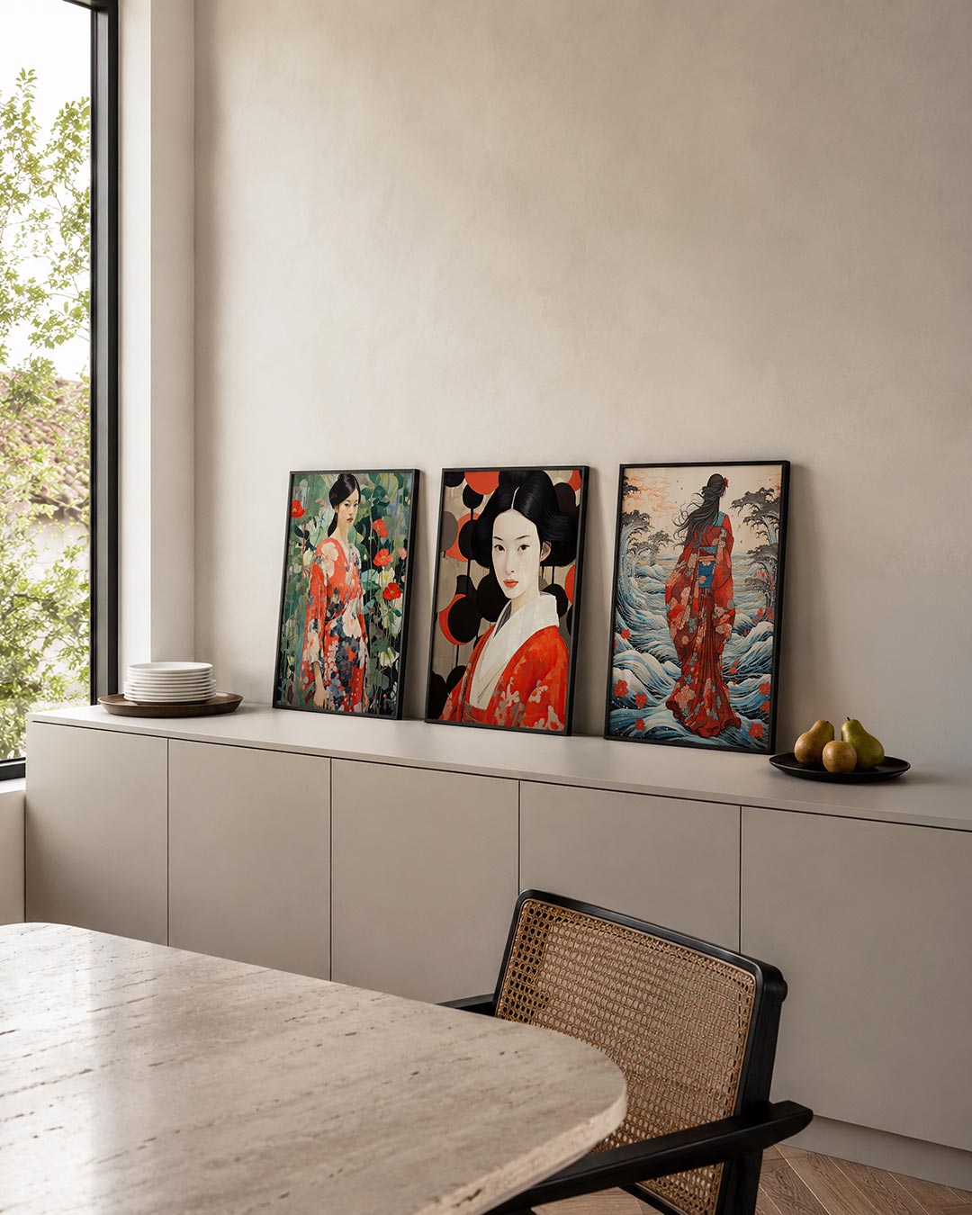 Bloemen en kimono posterset – detailweergave – een vrouw in een kleurrijke kimono staat tussen weelderige