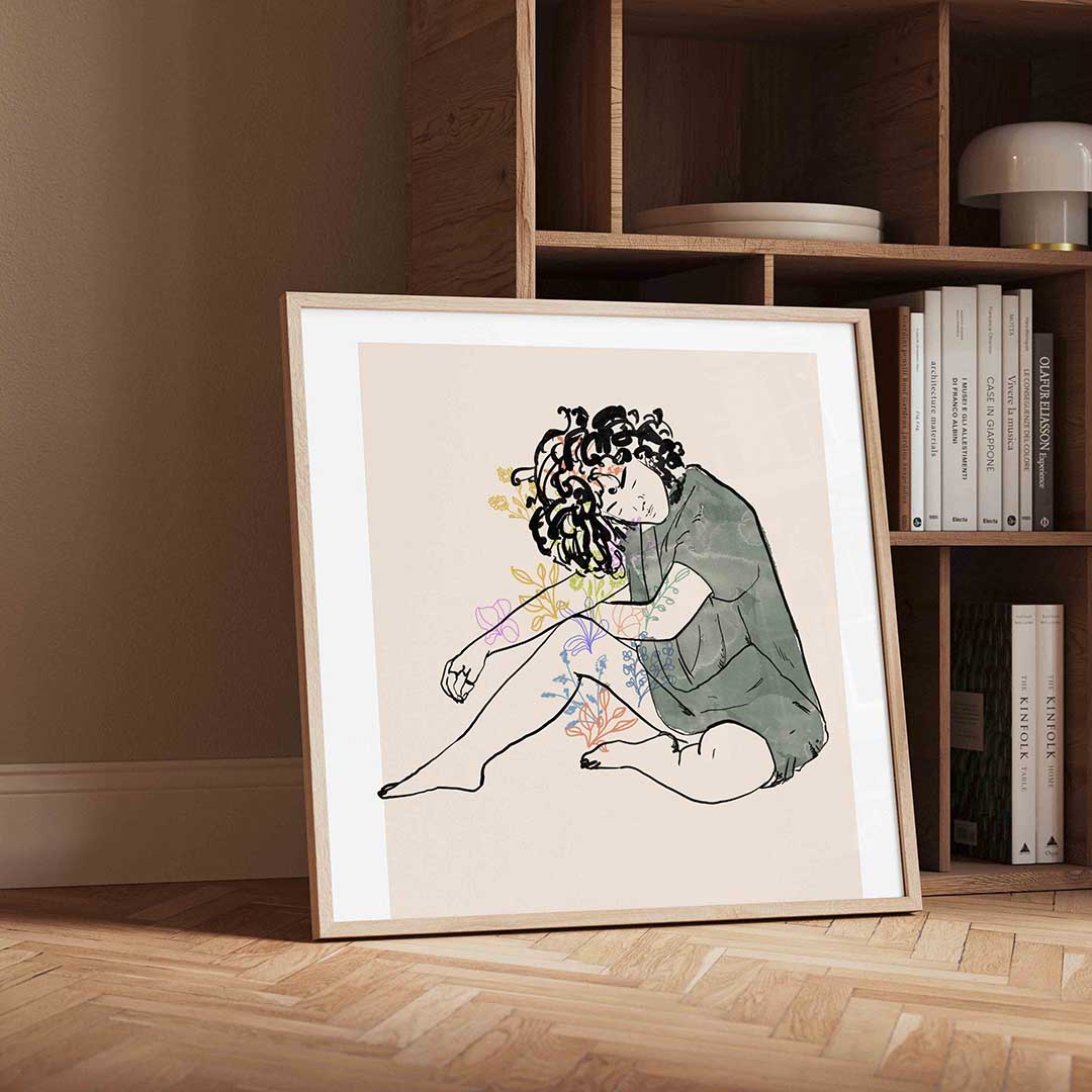 Zittende figuur met bloemen – moderne wandkunst met kleur en vormen als poster