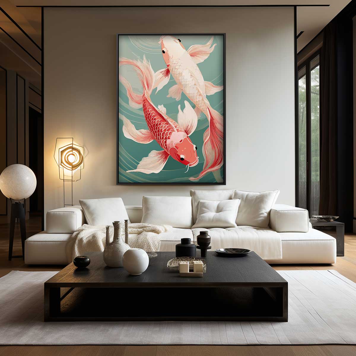 Magische Koi Karper Dans – kunstwerk met zwarte baklijst