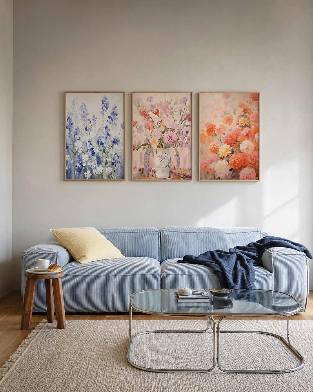 Bloemen in blauwtinten posterset – tweede productweergave – deze schildering toont een weelderige verzameling bloemen