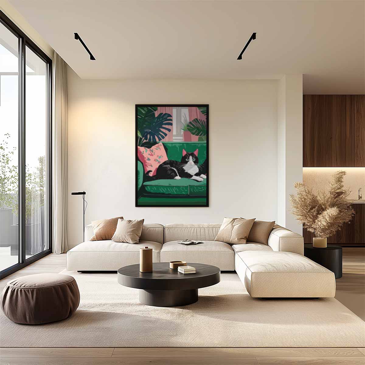 Gezellige Kat op Groene Bank – staand kunstwerk voor modern interieur