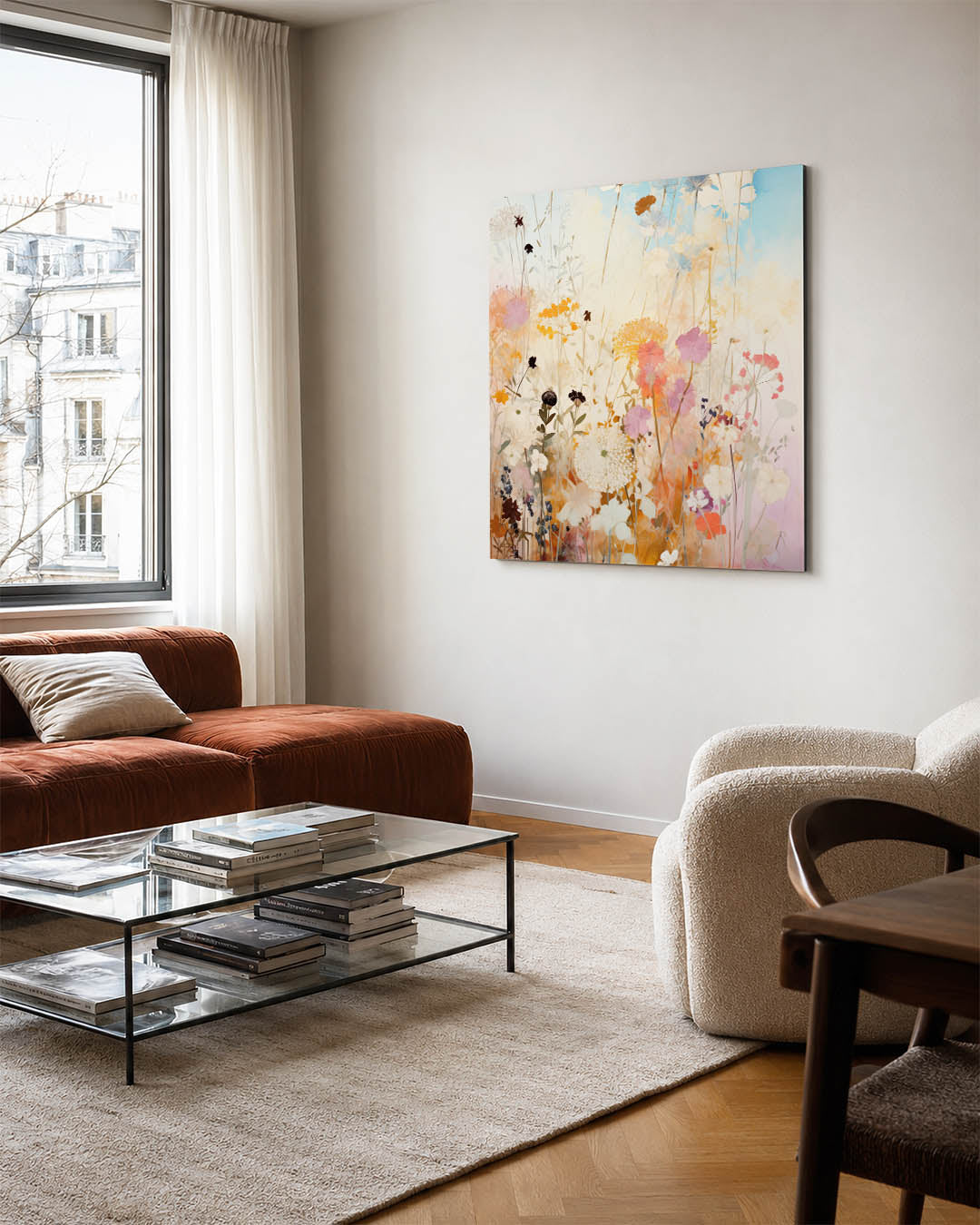 Bloemen in zachte tinten kunstwerk – vierkante wanddecoratie – dit werk toont een delicate compositie van bloemen in zachte