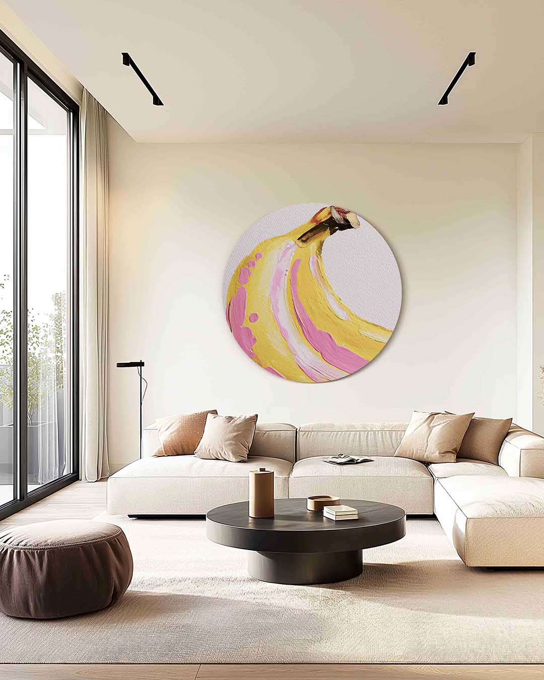 Banaan met roze accenten – kleurrijke illustratie muurcirkel als wanddecoratie