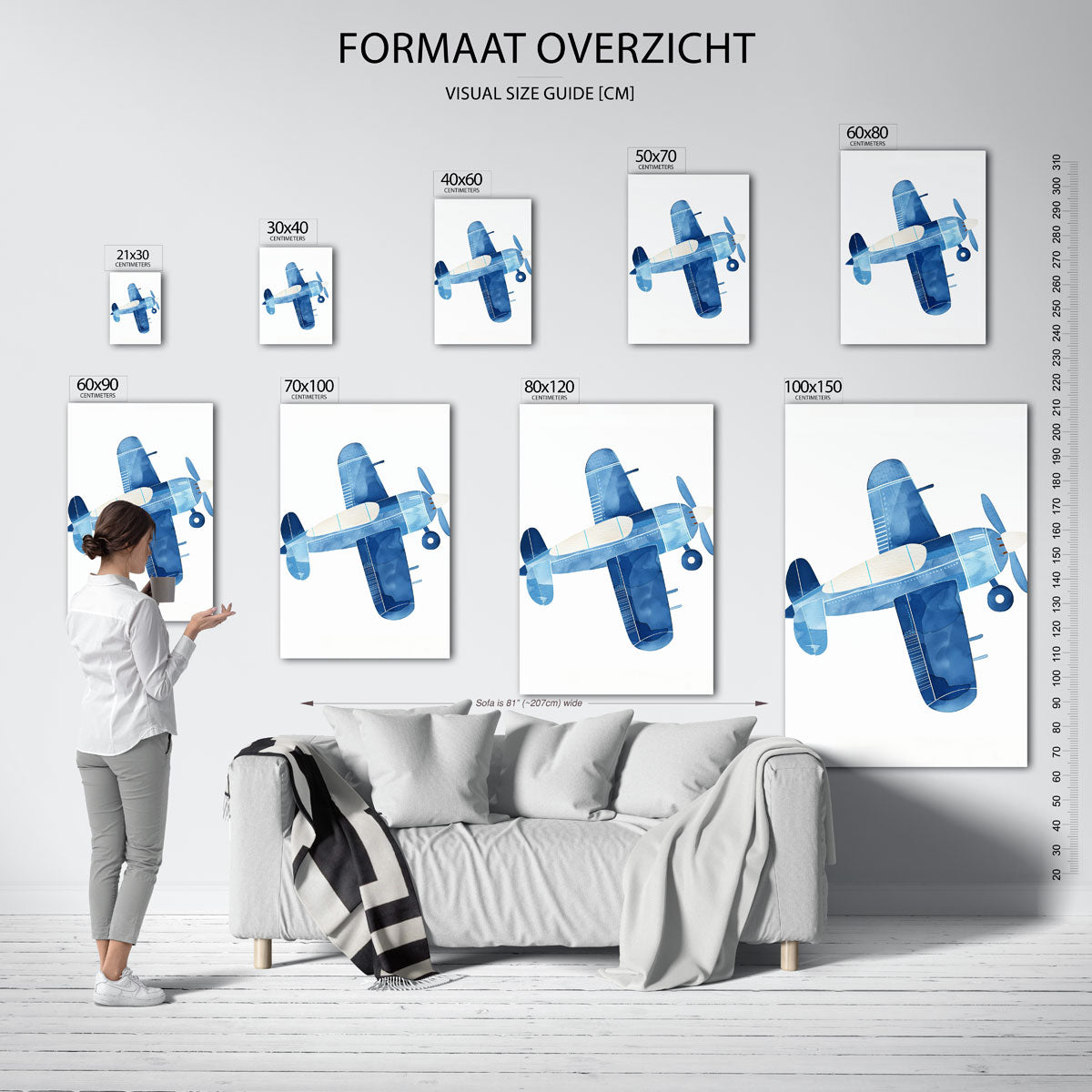 Vliegtuig in blauw – staande muurposter voor de kinderkamer