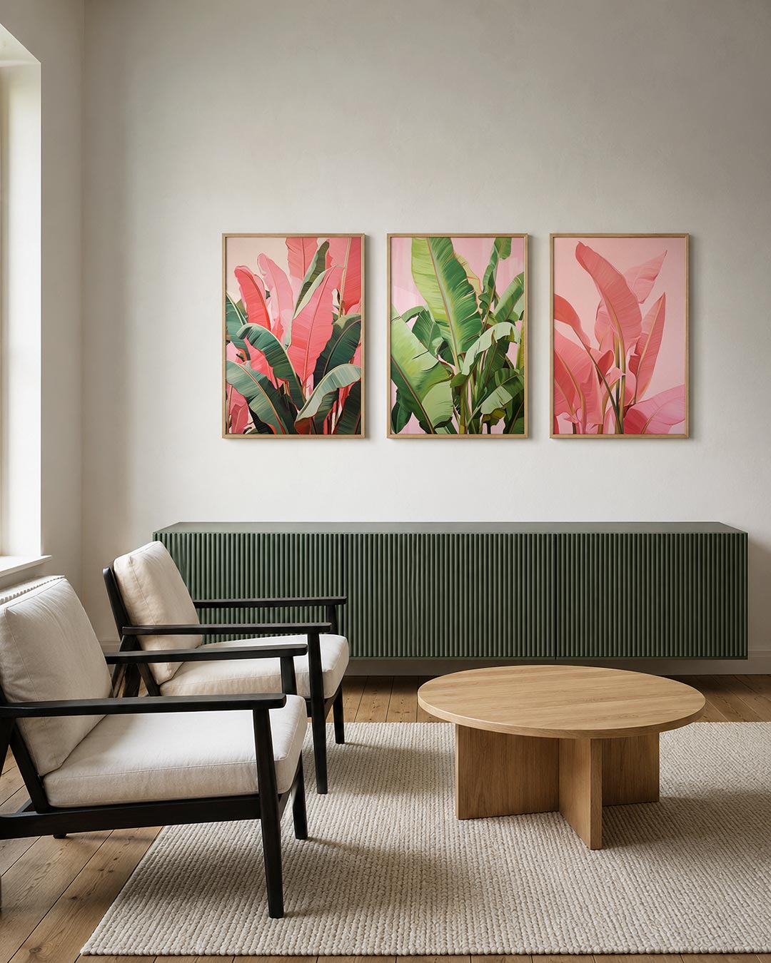 Bladpatroon en kleur posterset – tweede productweergave – deze posterset toont een levendig spel van roze en groene