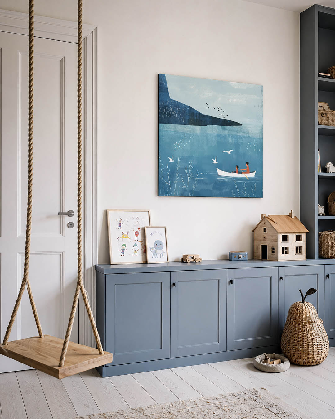 Rustige kano vaart kunstwerk – vierkante wanddecoratie – dit kunstwerk toont een serene scène van een kano op kalm water