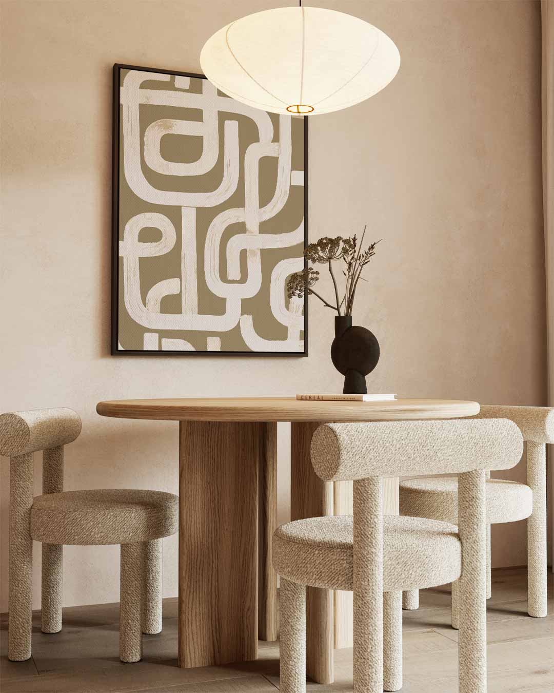 Organische Lijnen in Beige – kunstwerk met zwarte baklijst