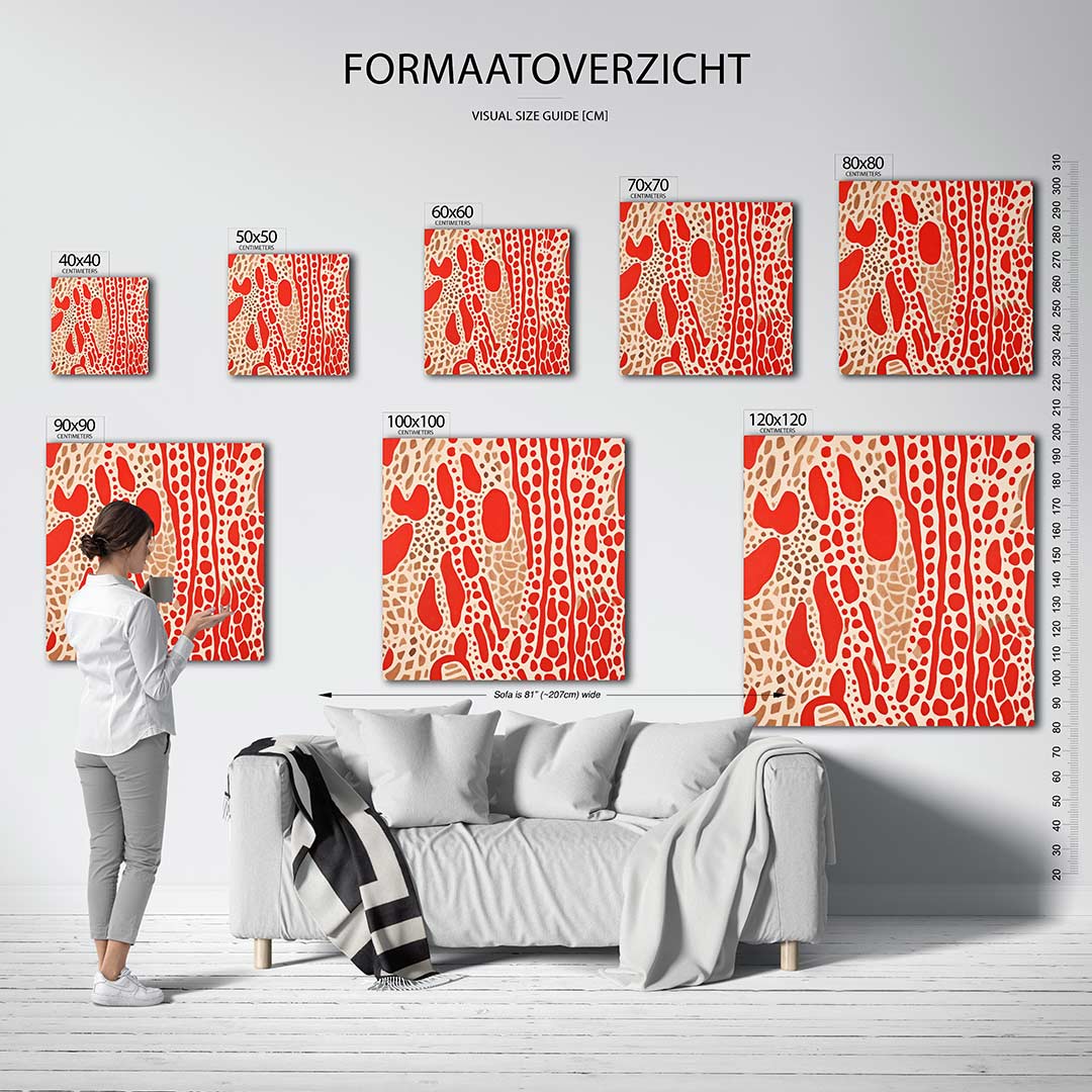Organische patronen kunstwerk – sfeerbeeld – dit werk toont een dynamisch spel van organische vormen in rood en beige, met