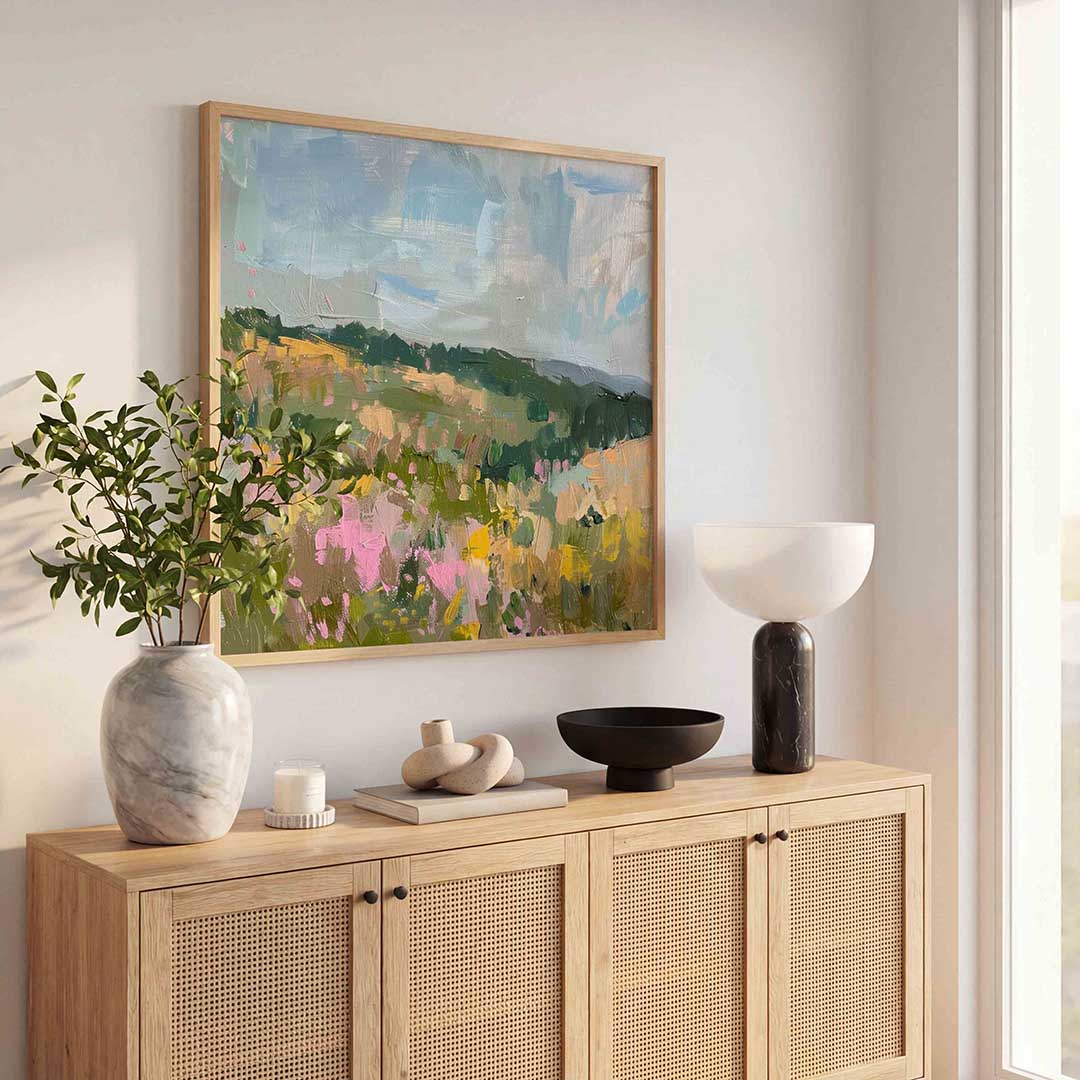 Landschap met bloemen – illustratie poster in vierkant formaat