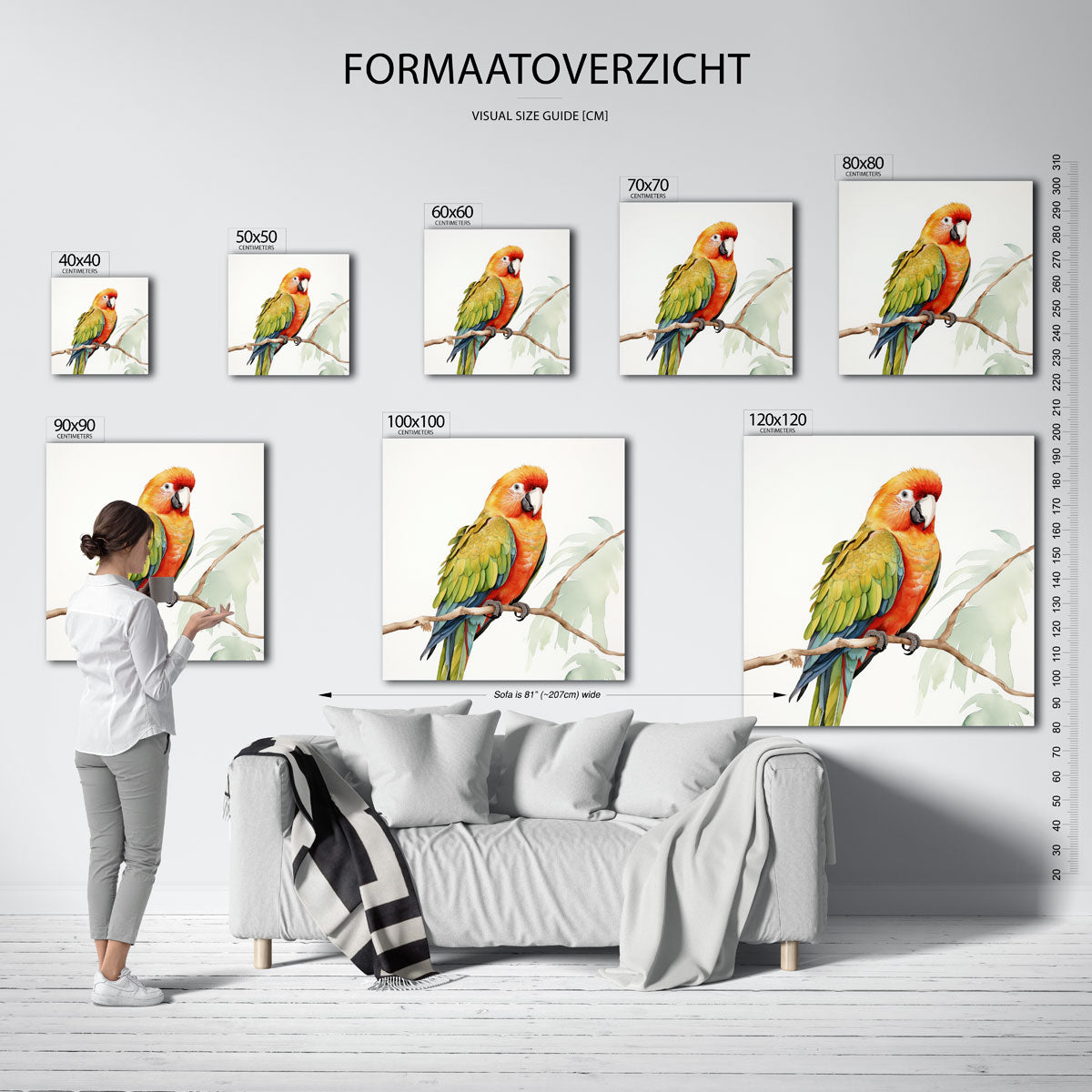Papegaai op tak – vierkante jungle wanddecoratie van WallArtistic
