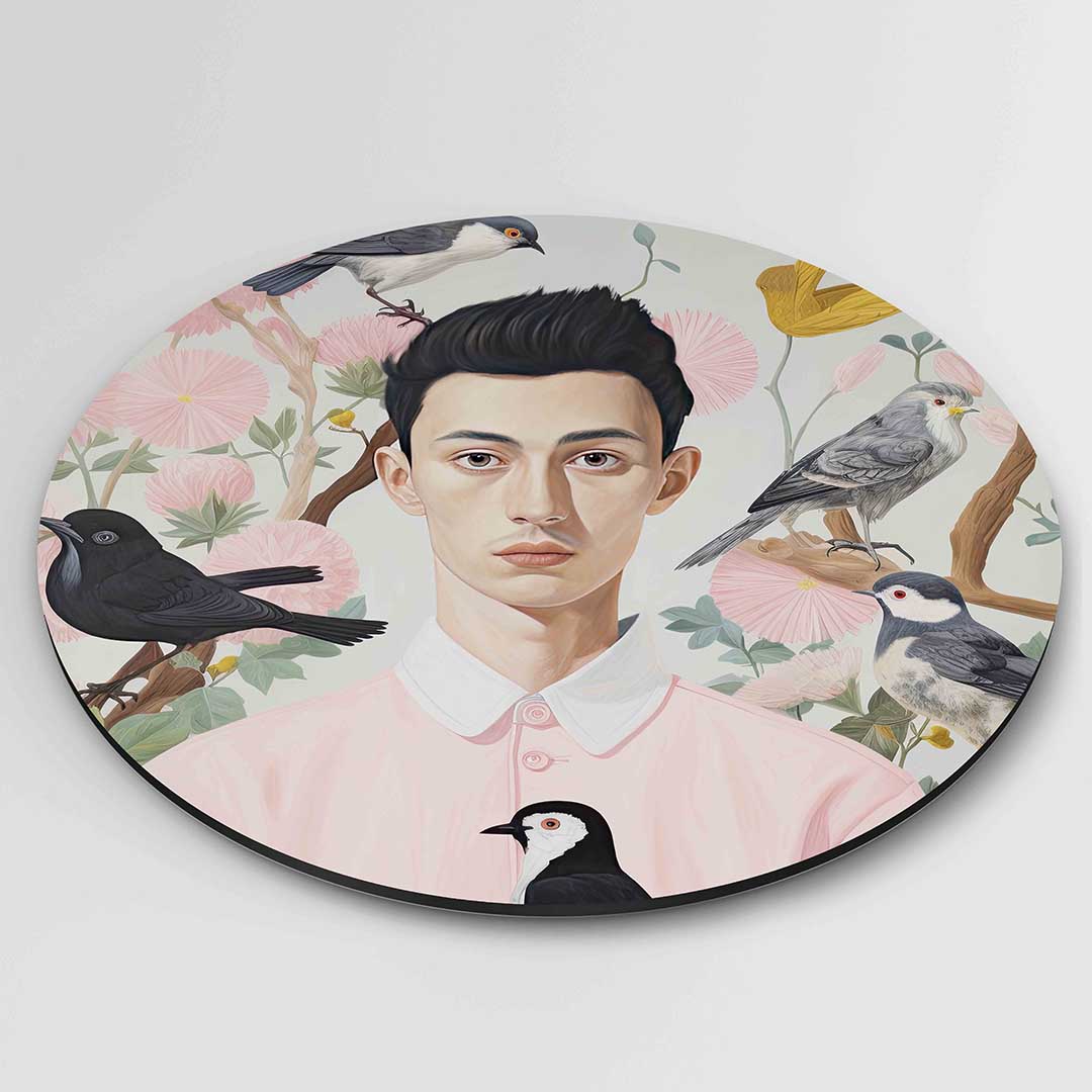 Vogels en man met roze hemd – ronde textuur wanddecoratie van WallArtistic