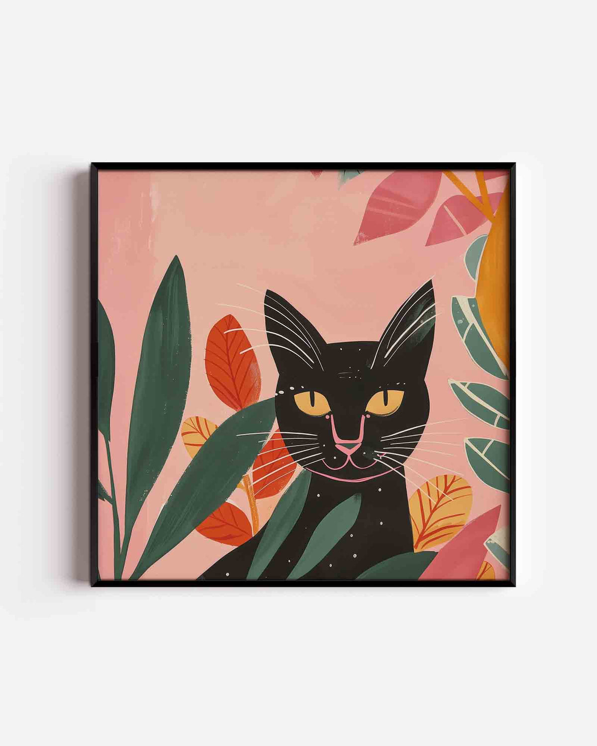 Zwarte kat en bladeren – vierkante kinderposter als wanddecoratie