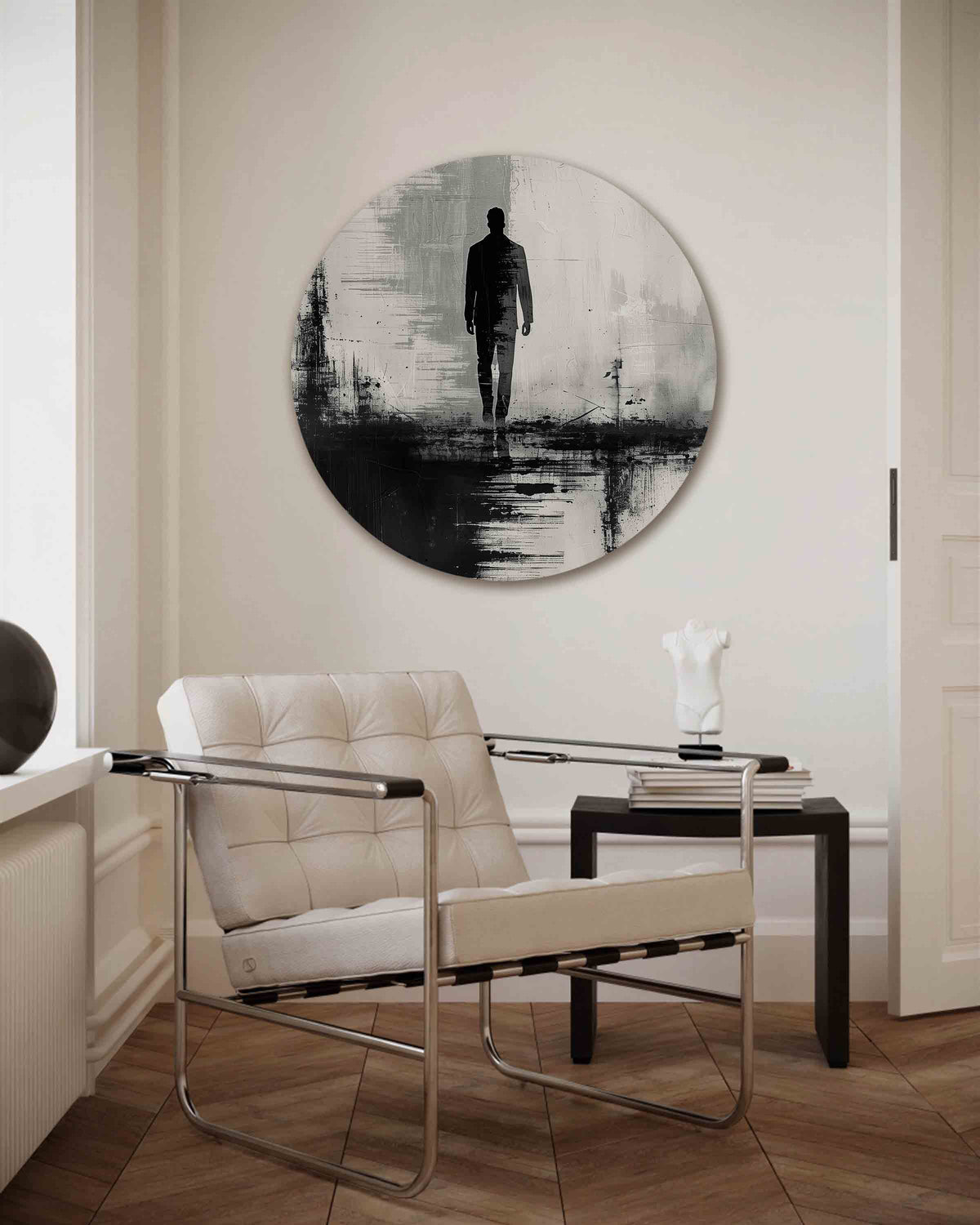Silhouet van wandelende man – abstracte muurcirkel als ronde wanddecoratie