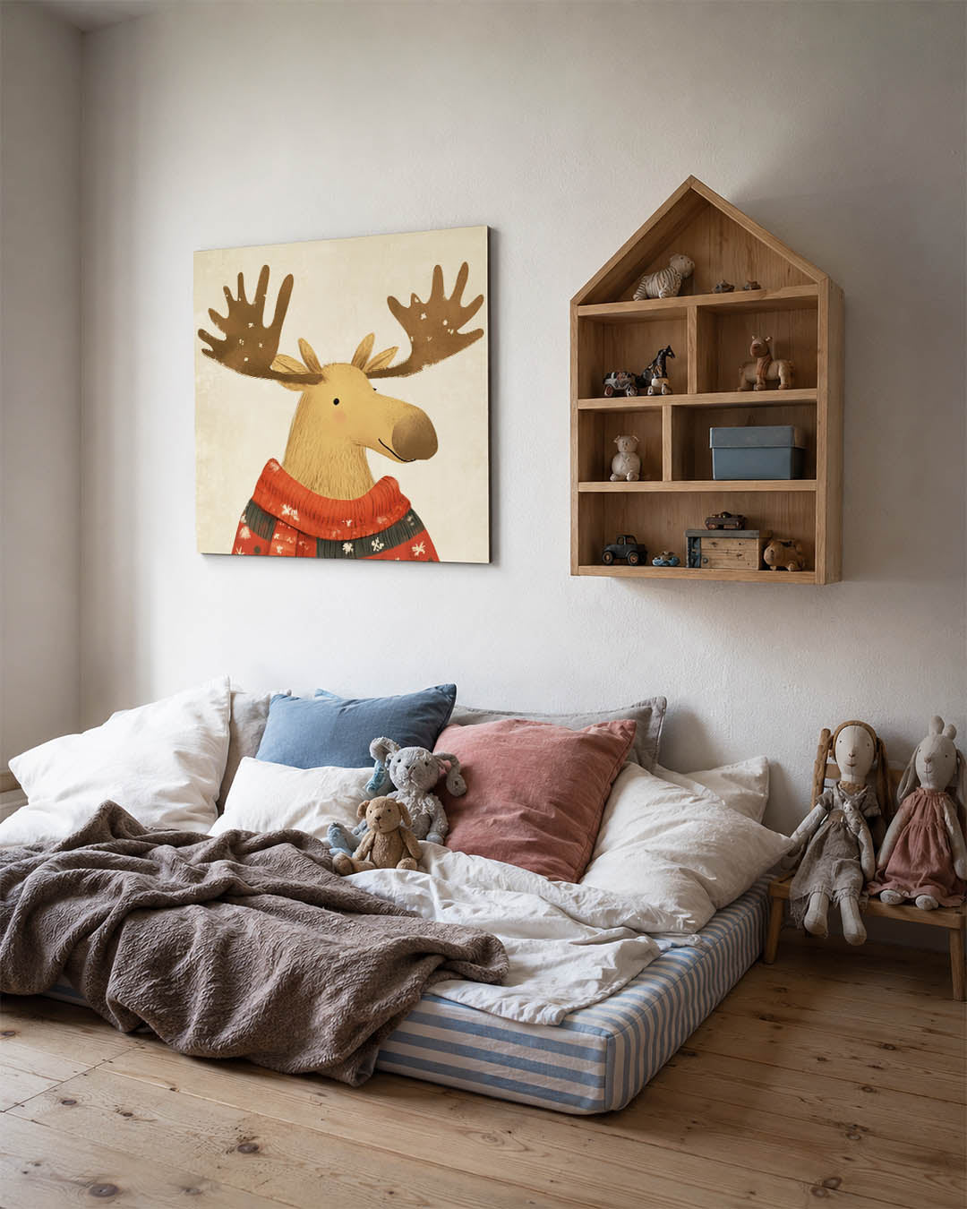 Vrolijke eland illustratie kunstwerk – derde productweergave – dit werk toont een eland met grote geweien, gekleed in een