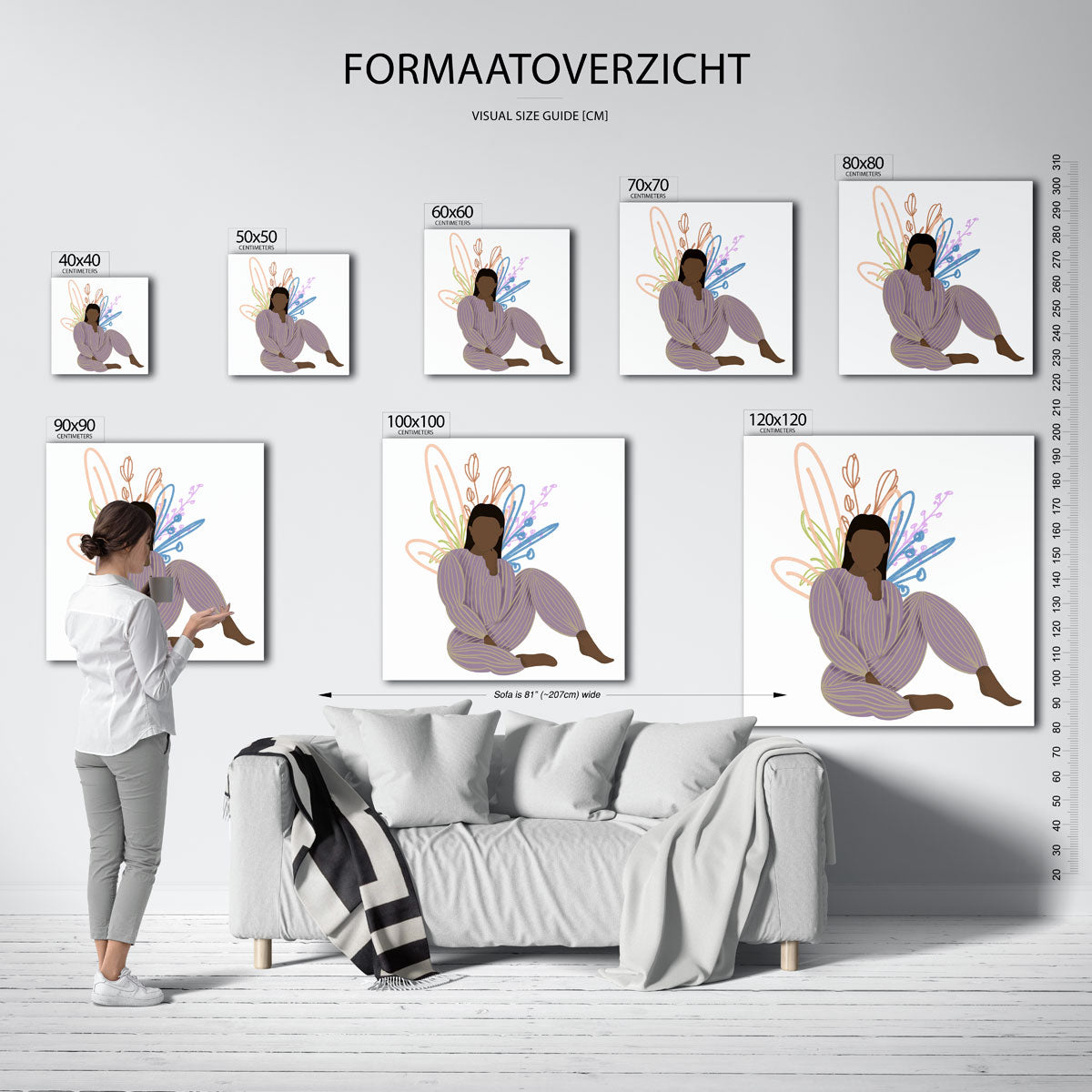 Zittende figuur met bloemen – vierkante muurposter met vrouwelijk portret