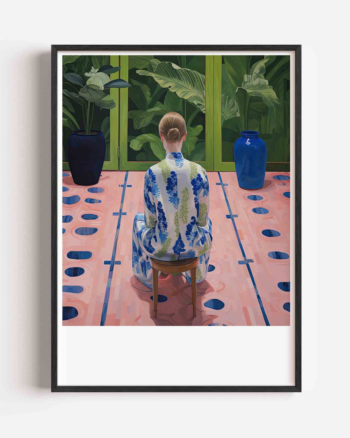 Vrouw in blauwe kamer – kleurrijke illustratie portret poster als wanddecoratie